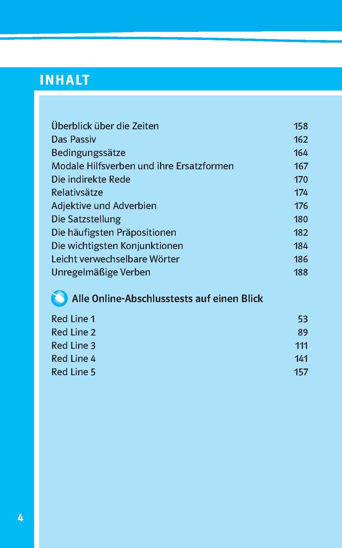 Inhaltsverzeichnis in deutscher Sprache, das die Grammatikthemen mit Seitenzahlen auflistet und einen Abschnitt für Online-Kursübersichten mit der Bezeichnung Alle Online-Abschlusstests auf einen Blick. Blauer Hintergrund.
