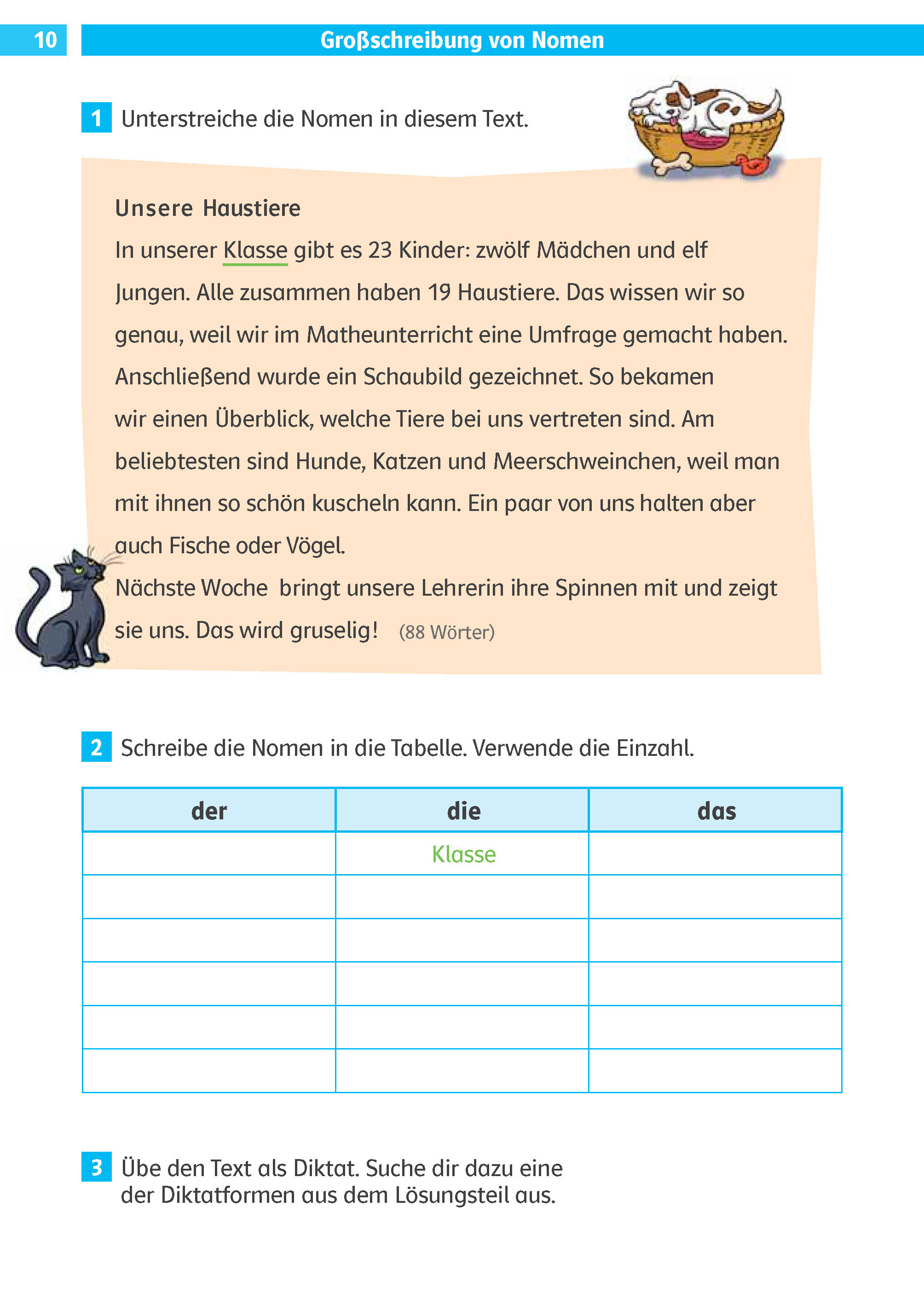 Klett Die Deutsch-Helden: Diktate 3./4. Klasse Ein deutschsprachiges Arbeitsblatt mit einem Text über Haustiere, einer Tabelle zum Auflisten von Substantiven und einer Katzenillustration in der Ecke.