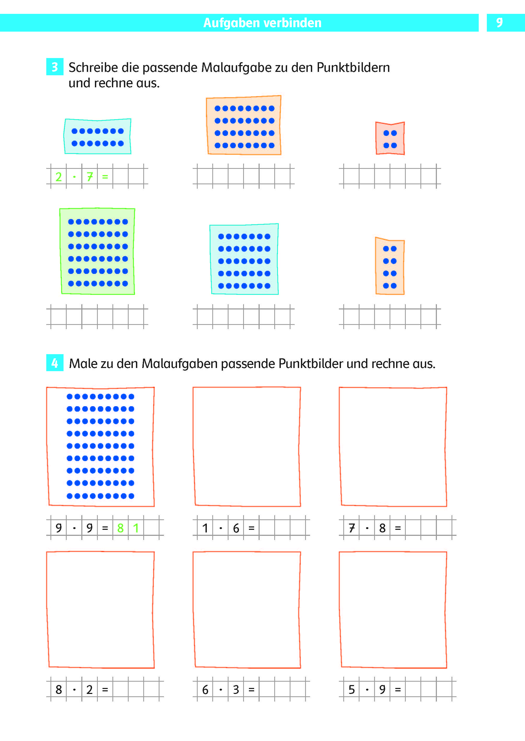 Klett Die Mathe-Helden: Das kleine Einmaleins 2./3. Klasse Eine Arbeitsblattseite mit Punktmatrizen und Matheaufgaben auf Deutsch, bei denen die Schüler Gleichungen zu Punktmustern zuordnen und Gleichungen für vorgegebene Raster schreiben.