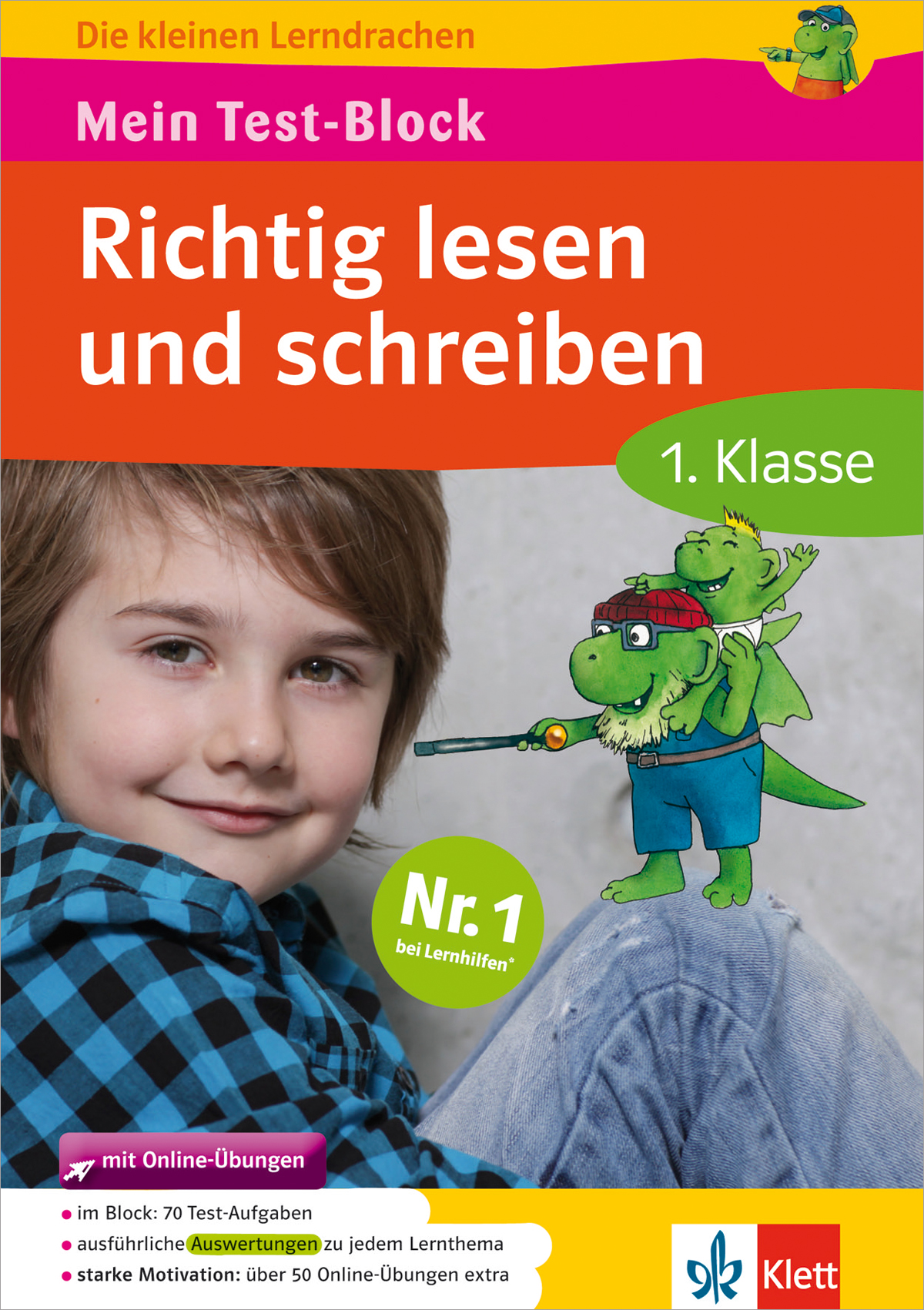 Das Cover des Arbeitsbuchs mit dem Titel Richtig lesen und schreiben 1. Klasse zeigt ein lächelndes Kind und einen Zeichentrickdrachen, der mit einem Zeiger unterrichtet.