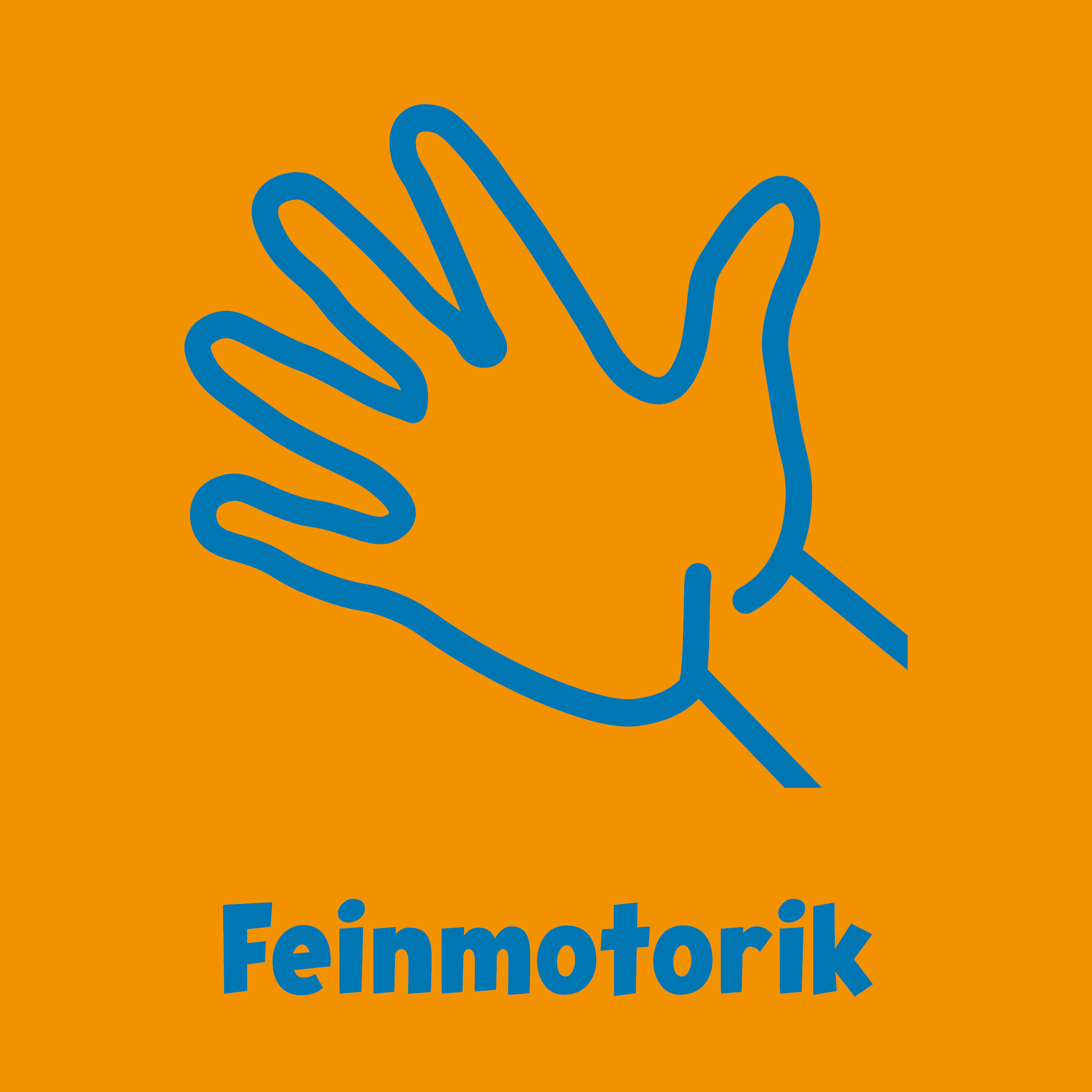 Blauer Umriss von zwei sich überlappenden Händen auf orangefarbenem Hintergrund mit dem Wort Feinmotorik darunter in fettgedruckter blauer Schrift.