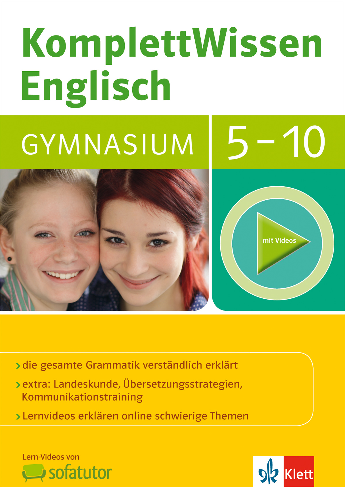 Buchumschlag von KomplettWissen Englisch Gymnasium 5-10 mit zwei lächelnden Mädchen, pädagogischen Angaben und den Logos von Klett und sofatutor am unteren Rand.