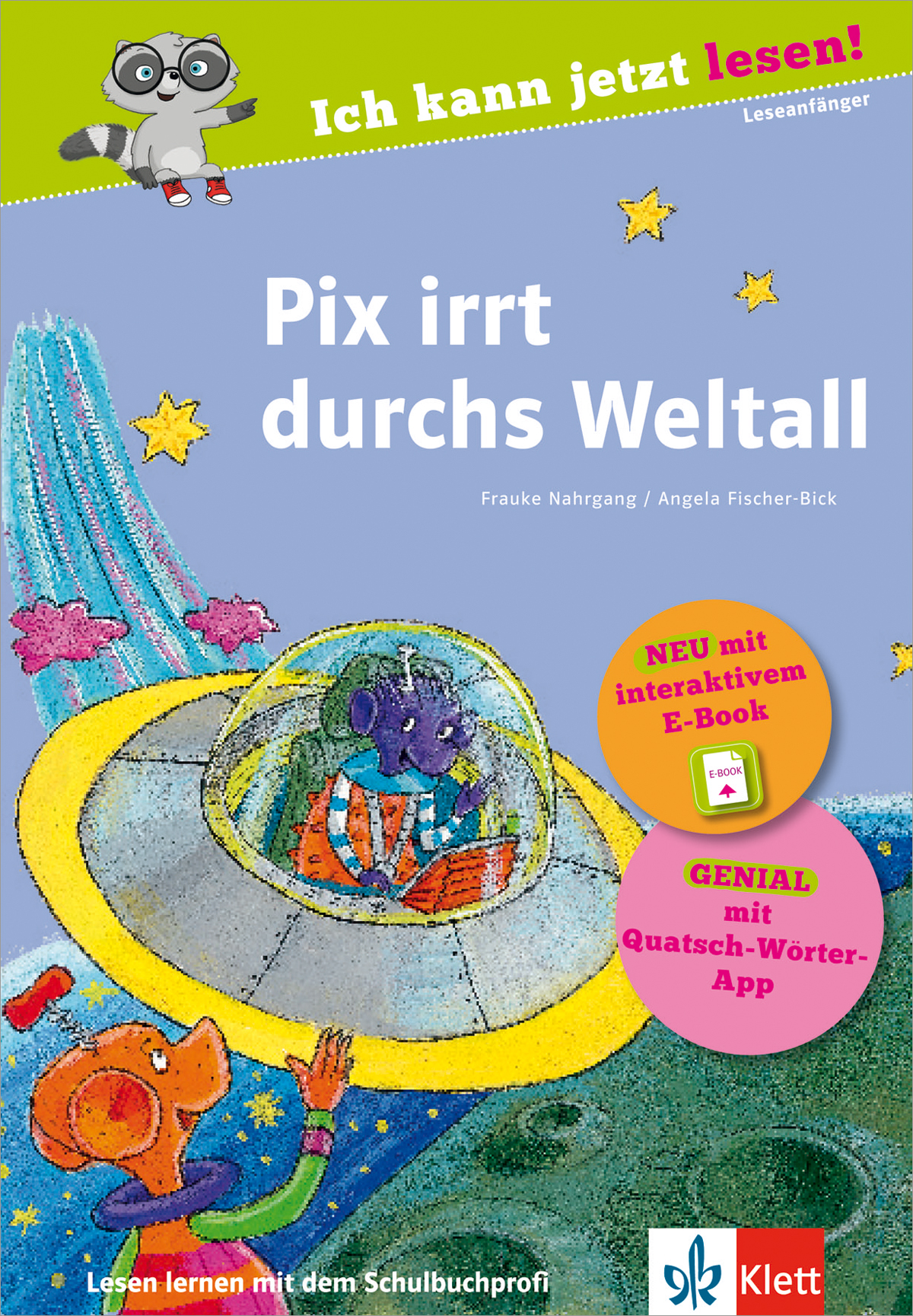 Eine Cartoon-Maus in einem UFO winkt einem orangefarbenen Außerirdischen auf einem bunten Planeten zu. Das Buchcover trägt den deutschen Titel Pix irrt durchs Weltall und ist mit Werbeplaketten versehen.