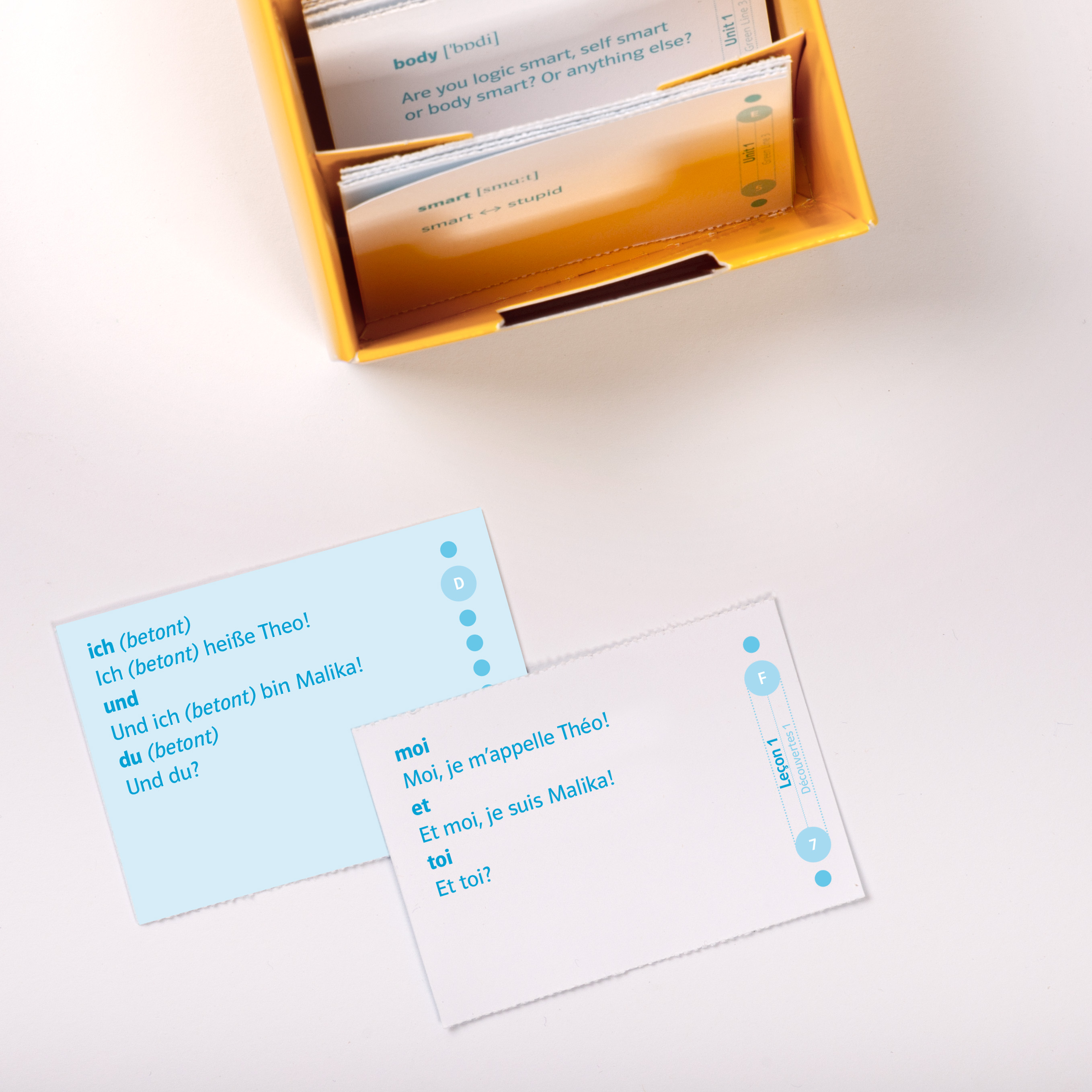 Découvertes 1 - Vokabel-Lernbox zum Schülerbuch Eine gelbe Schachtel mit Karteikarten enthält deutsche und französische Sprachkarten. Zwei Karten liegen auf dem Tisch, auf denen grundlegende Einführungssätze in beiden Sprachen stehen.