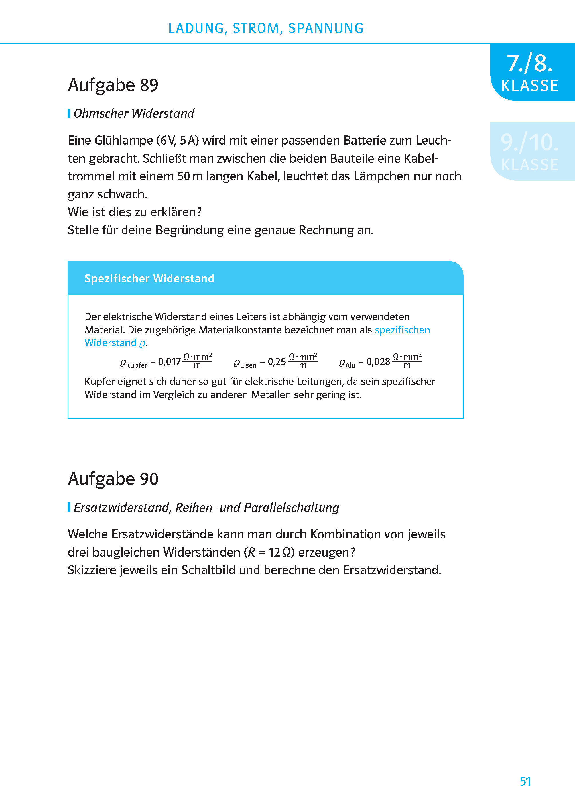 Klett 200 Physikübungen wie in der Schule Klasse 7 - 10 Eine deutsche Schulbuchseite mit Übungen zum Ohmschen Gesetz, zum spezifischen Widerstand und zu Reihen- und Parallelschaltungen. Enthält einen blauen Infokasten, der den spezifischen Widerstand erklärt.