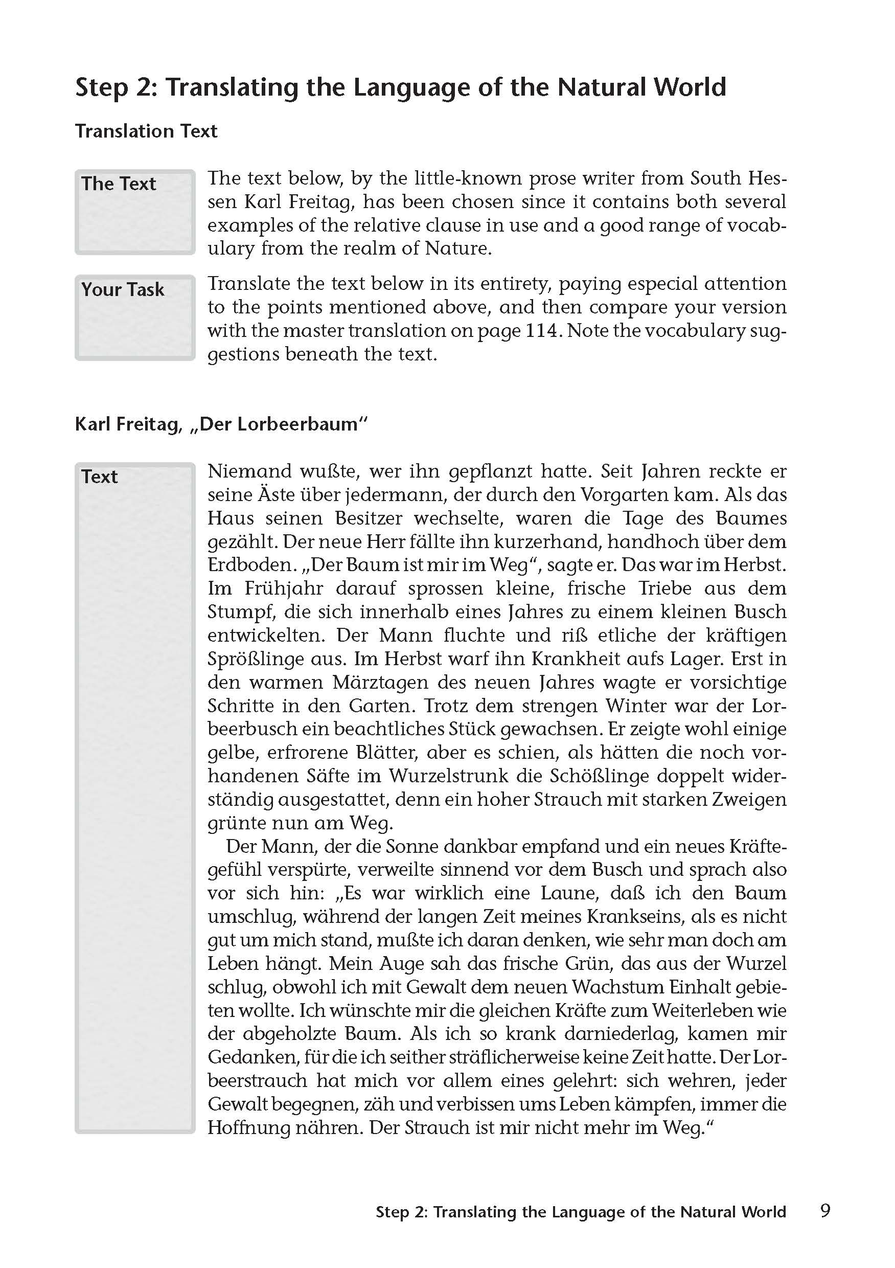 Uni Wissen Grundkurs Übersetzen Deutsch-Englisch Eine Seite aus einem Lehrbuch enthält eine Übersetzungsübung mit einem deutschen Prosatext von Karl Freitag, Anweisungen für die Aufgabe und einen Abschnitt mit der Überschrift Übersetzungstext.