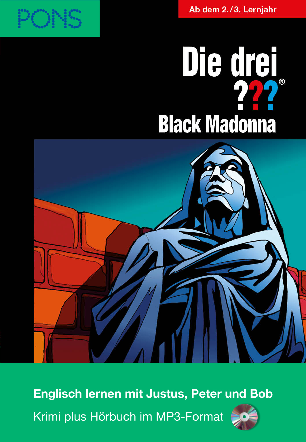 Buchumschlag von Die drei ??? Die Schwarze Madonna zeigt eine stilisierte Illustration einer verhüllten Statue vor dunklem Hintergrund mit deutschem und englischem Text.