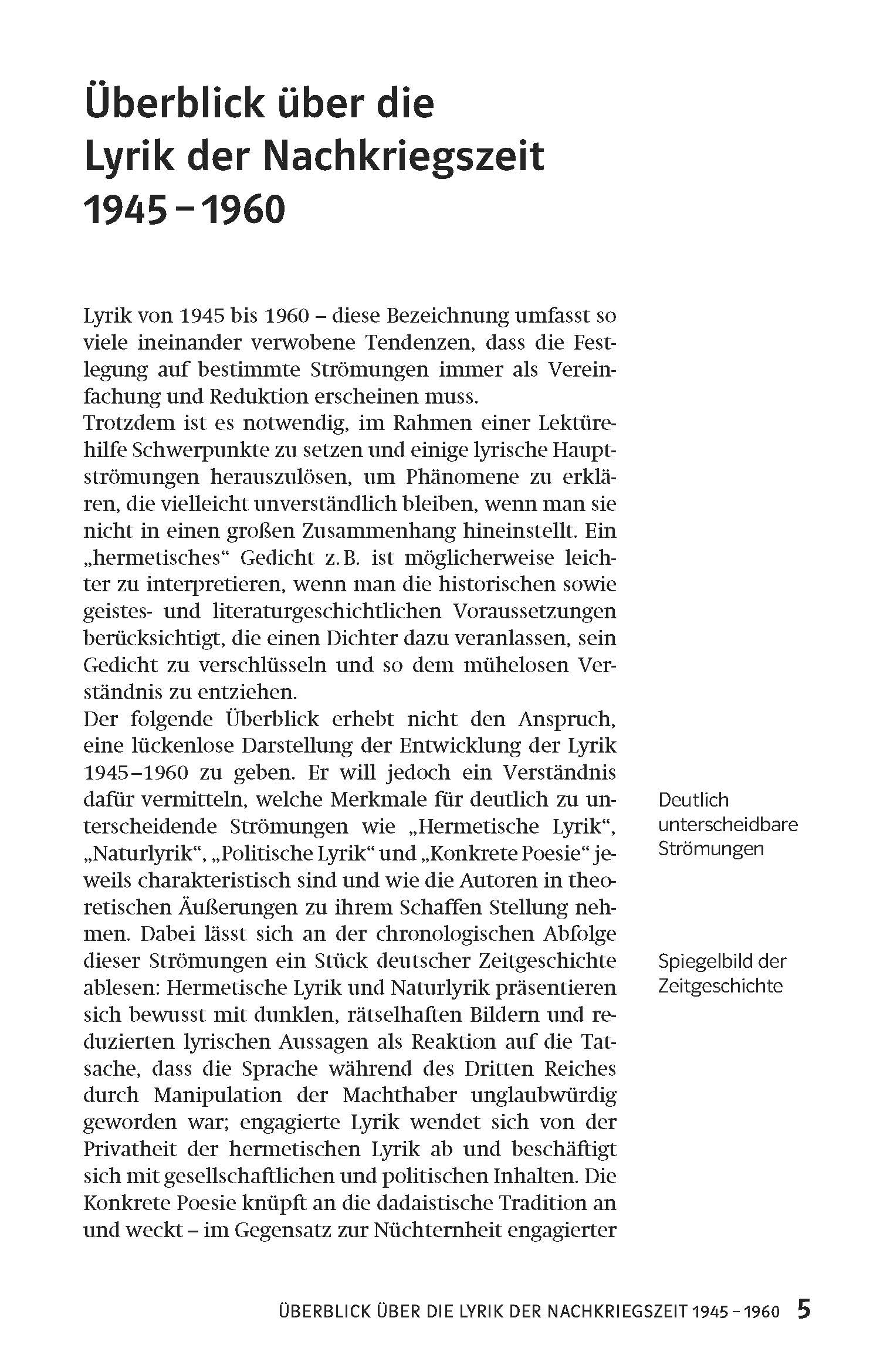 Eine deutsche Textseite mit dem Titel Überblick über die Lyrik der Nachkriegszeit 1945-1960 befasst sich mit der Nachkriegslyrik und den einschlägigen literarischen Bewegungen von 1945 bis 1960.