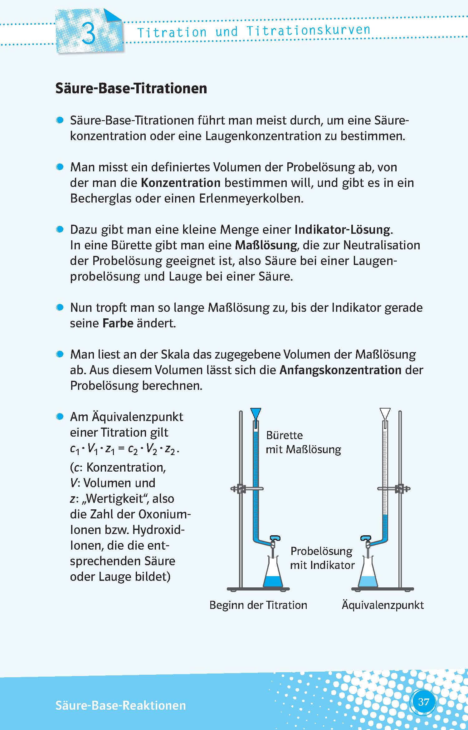 Auf einer deutschen Schulbuchseite wird die Säure-Base-Titration erklärt. Sie zeigt ein Diagramm einer Bürette, eines Becherglases und eines Indikators mit blauer Hervorhebung und einer Aufzählung von Anweisungen.