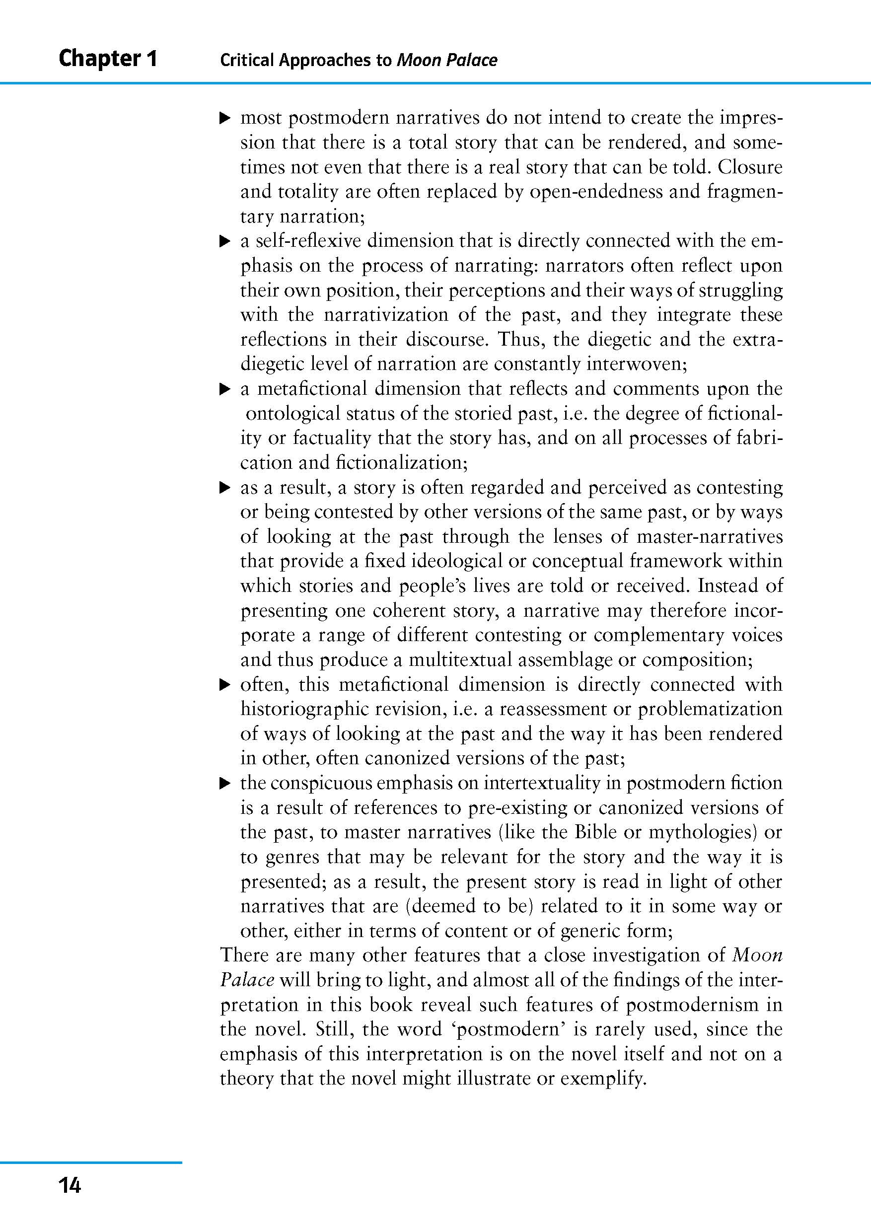 Uni Wissen Paul Auster:  Moon Palace Eine Lehrbuchseite mit dem Titel Critical Approaches to Moon Palace (Kritische Ansätze zum Mondpalast) erörtert mit Aufzählungspunkten und hervorgehobener Schrift die Erzähltheorie, die Offenheit des Endes und die Rolle der Fiktionalität beim Er...