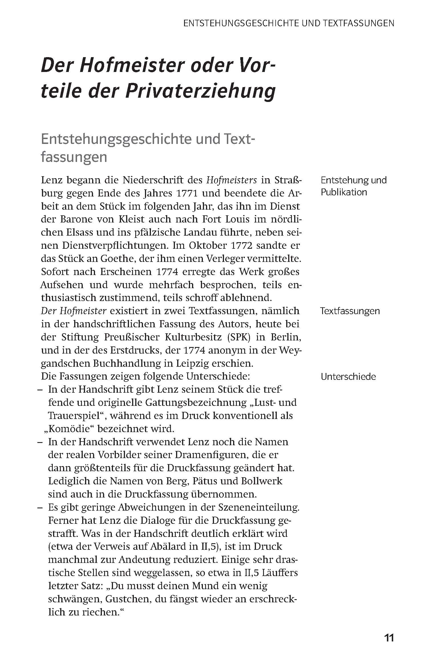 Eine Seite aus einem deutschen Buch zeigt den Titel Der Hofmeister oder Vorteile der Privaterziehung mit Abschnitten über Herkunft, Veröffentlichung und Unterschiede in den Textversionen.
