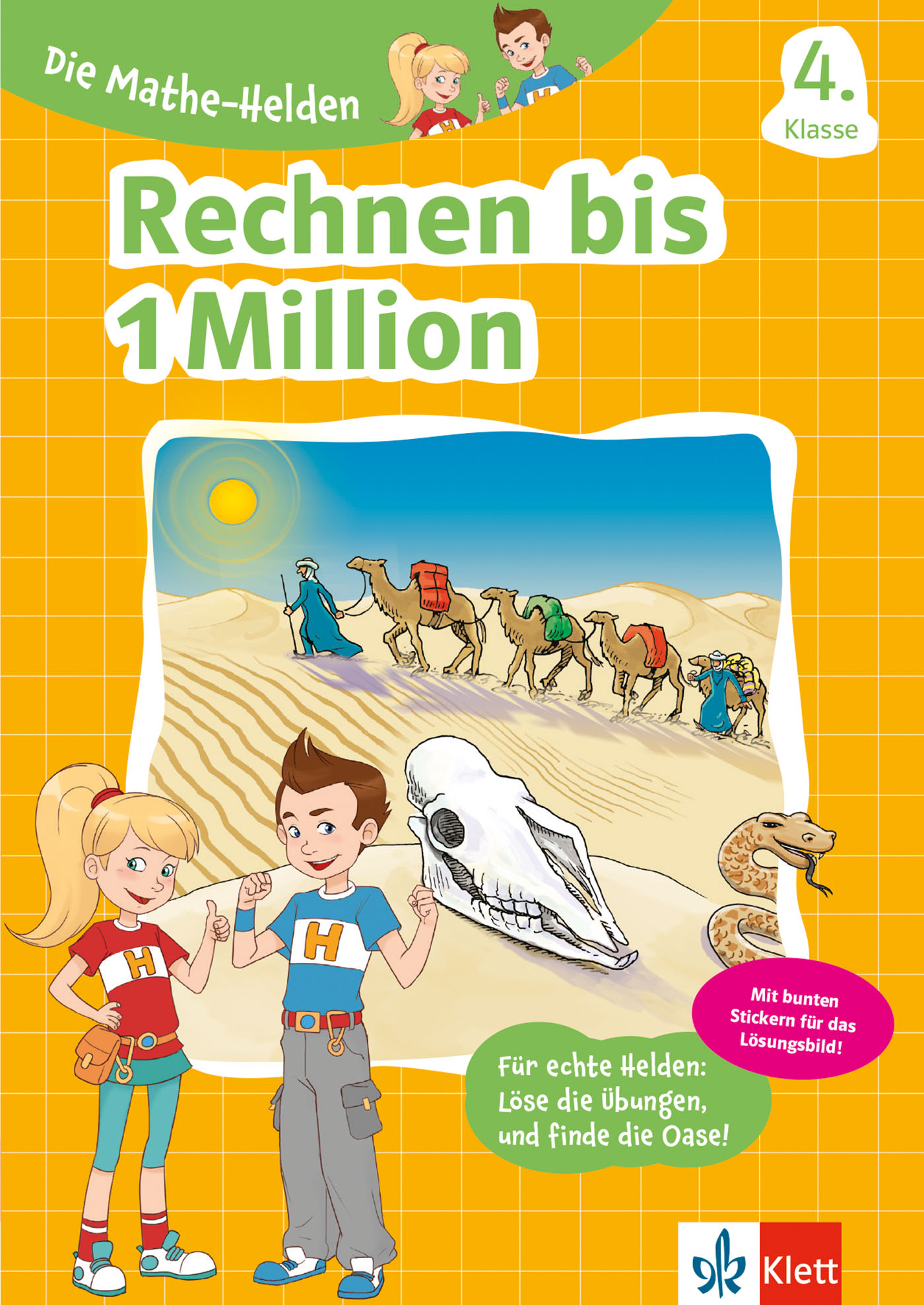 Umschlag eines deutschen Mathe-Arbeitsheftes für die 4. Klasse mit dem Titel Rechnen bis 1 Million, auf dem Cartoon-Kinder, eine Kamelkarawane in der Wüste und ein großer Tierschädel abgebildet sind.