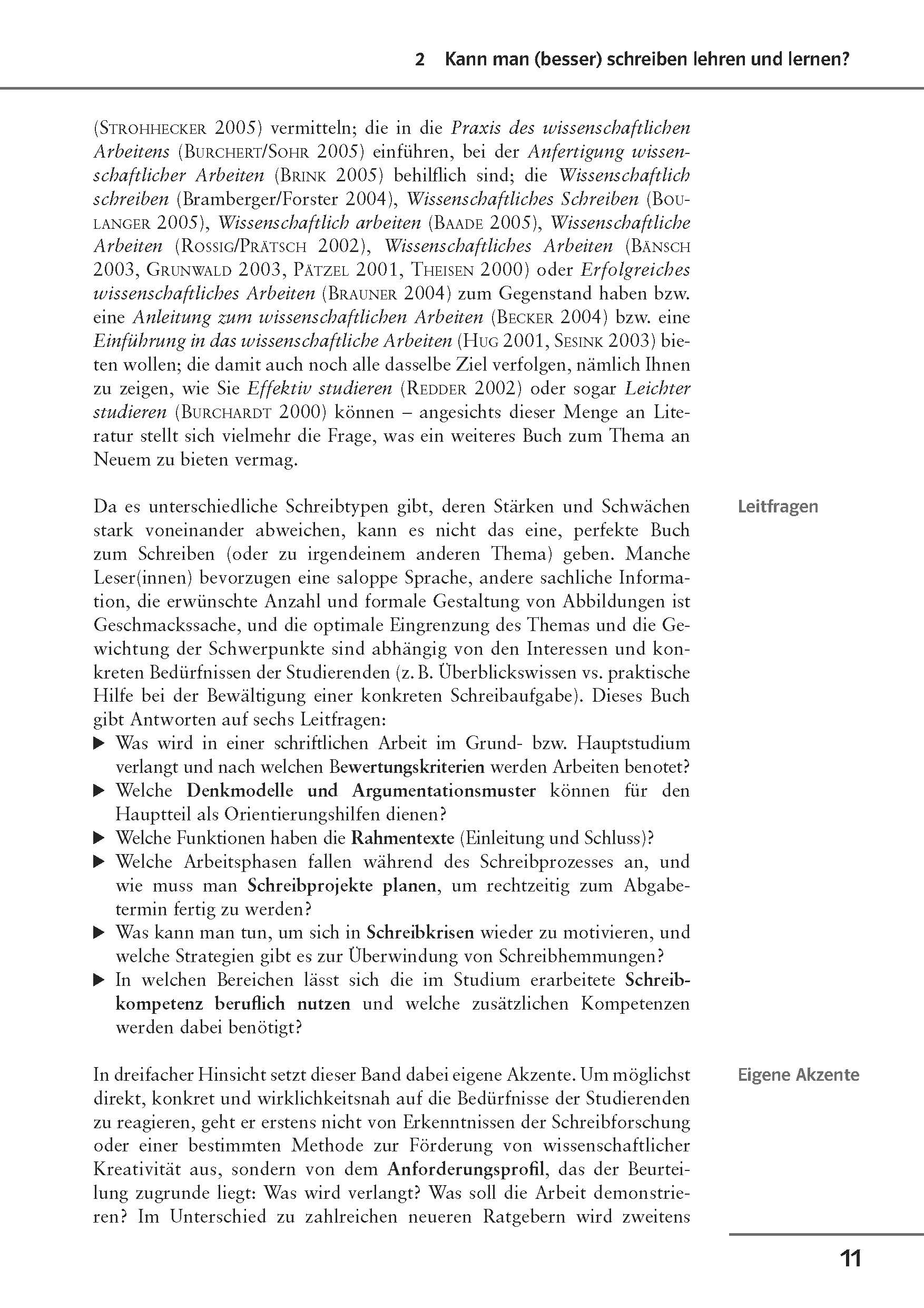 Uni Wissen Schreibkompetenzen: Erfolgreich wissenschaftlich schreiben Eine Seite aus einem akademischen Buch in deutscher Sprache mit dem Haupttext zum Verfassen wissenschaftlicher Arbeiten, Randnotizen mit der Aufschrift Leitfragen und Eigene Akzente sowie der Seitenzahl 11 am unteren Rand.