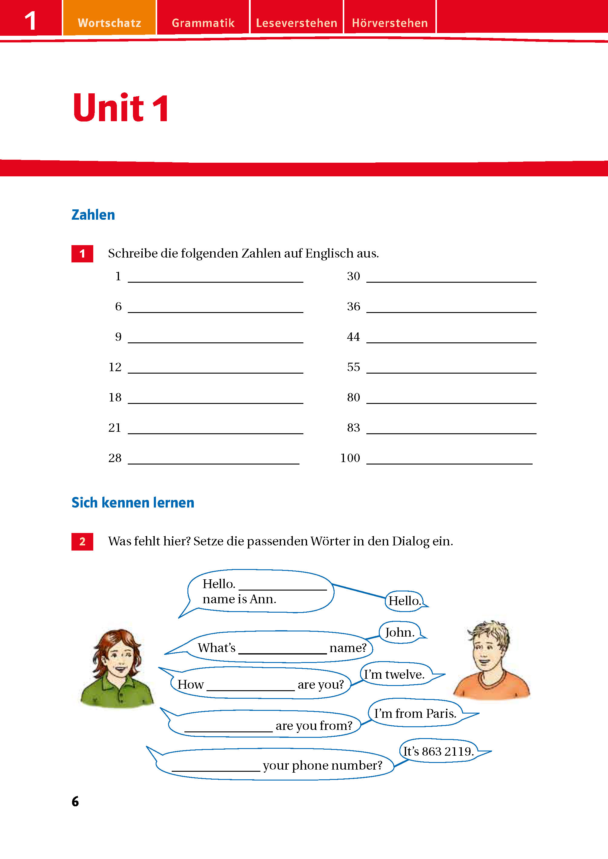 Red Line 1 - Das Trainingsbuch Eine deutsch-englischsprachige Arbeitsbuchseite mit Zahlenübersetzung und einem Dialog zum Thema Vorstellen mit Cartoon-Bildern von zwei Personen.