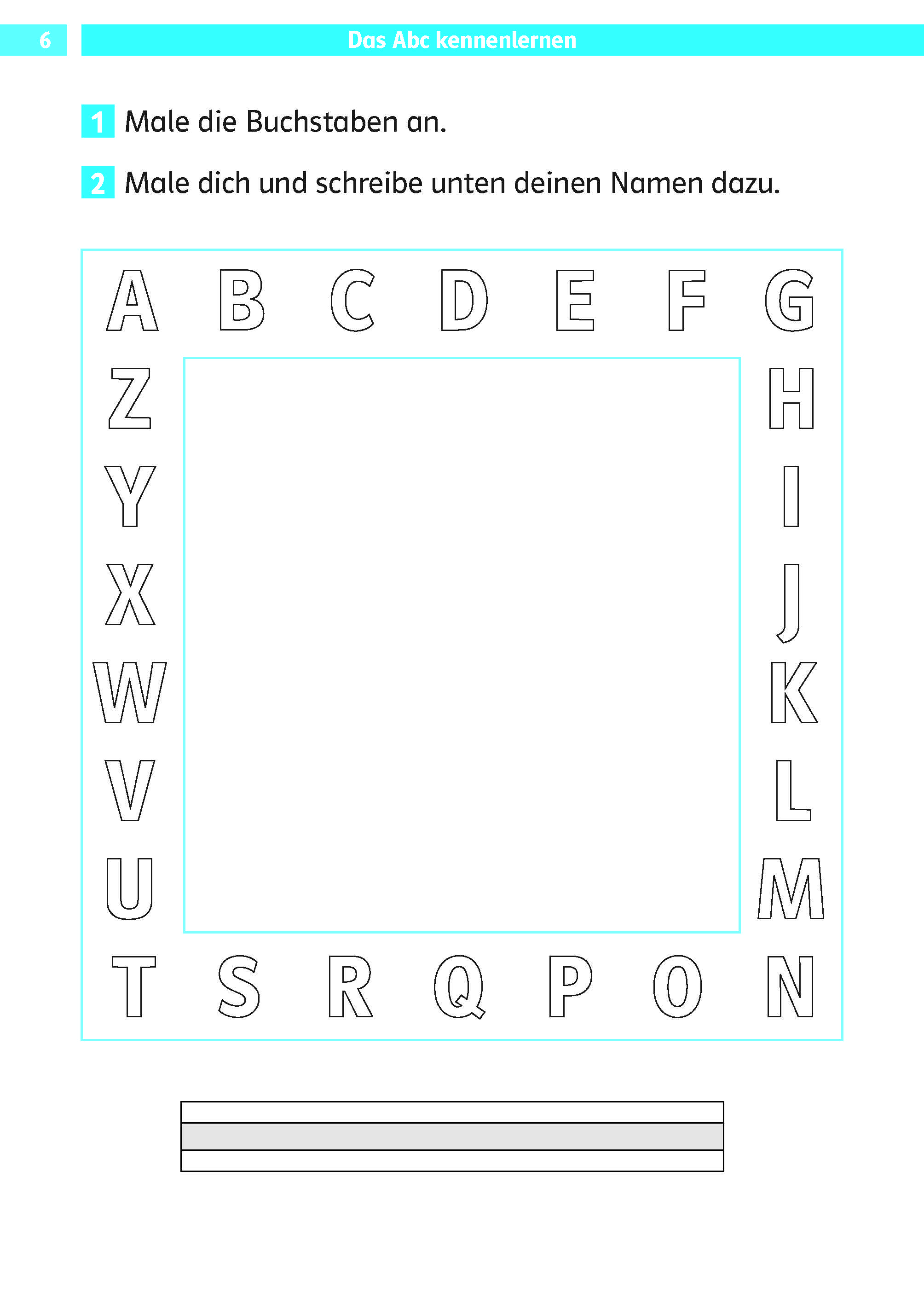 Klett Die Deutsch-Helden: Lesen und schreiben 1. Klasse Ein Arbeitsblatt mit dem deutschen Alphabet in einem quadratischen Rahmen, zwei Anweisungen am oberen Rand und einem leeren Feld zum Zeichnen und Schreiben eines Namens.