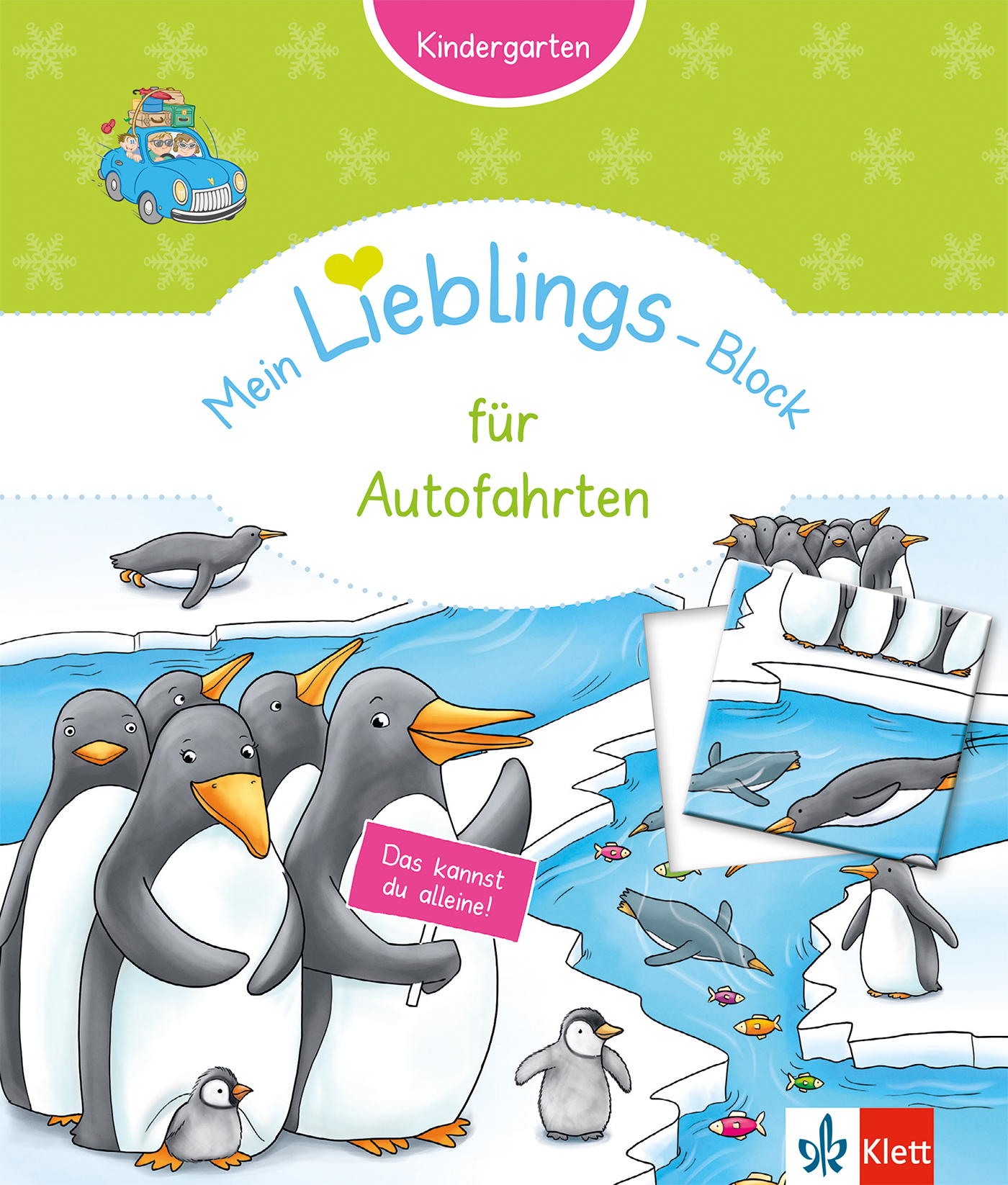 Illustrierter Umschlag eines Kinderbuchs, das Pinguine auf dem Eis zeigt, mit dem Titel Mein Lieblings-Block für Autofahrten und einem kleinen blauen Auto-Symbol am oberen Rand.