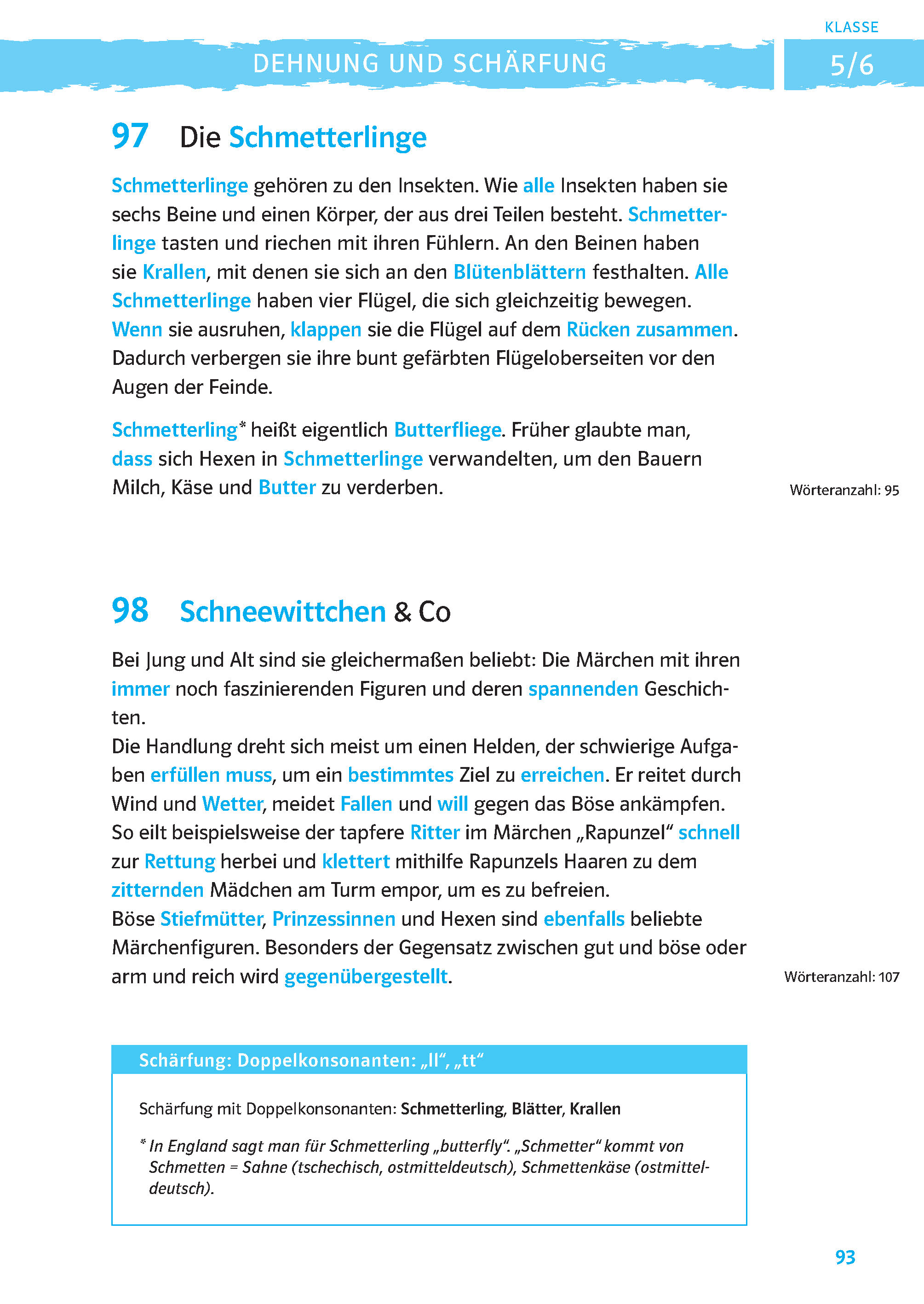 Eine deutschsprachige Lehrbuchseite über Schmetterlinge und Schnee mit nummerierten Abschnitten, hervorgehobenen Wörtern und blau umrandeten Vokabelkästen.