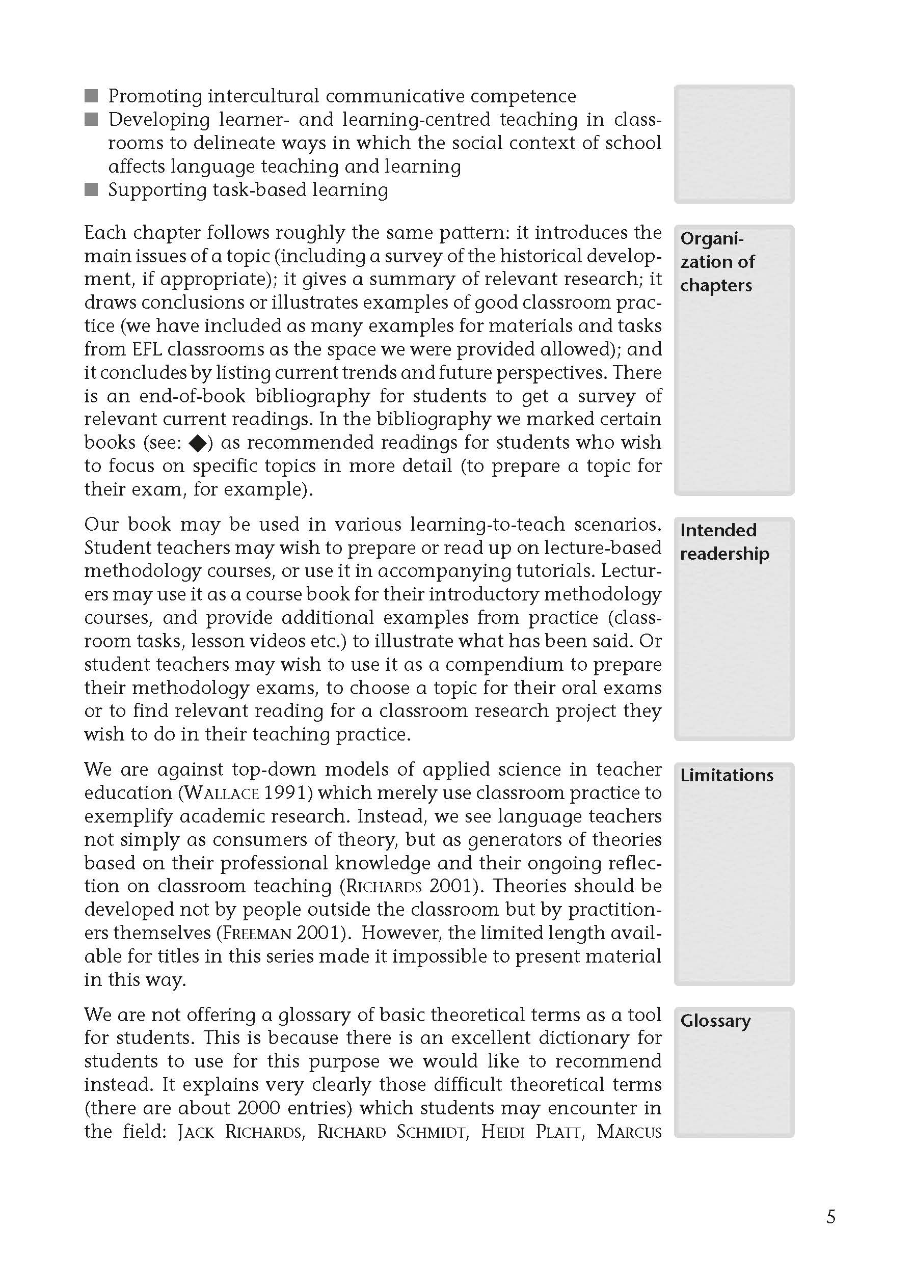 Eine Lehrbuchseite mit Abschnitten über die Gliederung der Kapitel, die vorgesehene Leserschaft, die Einschränkungen und das Glossar sowie Aufzählungspunkte, die die wichtigsten Bildungsziele umreißen.