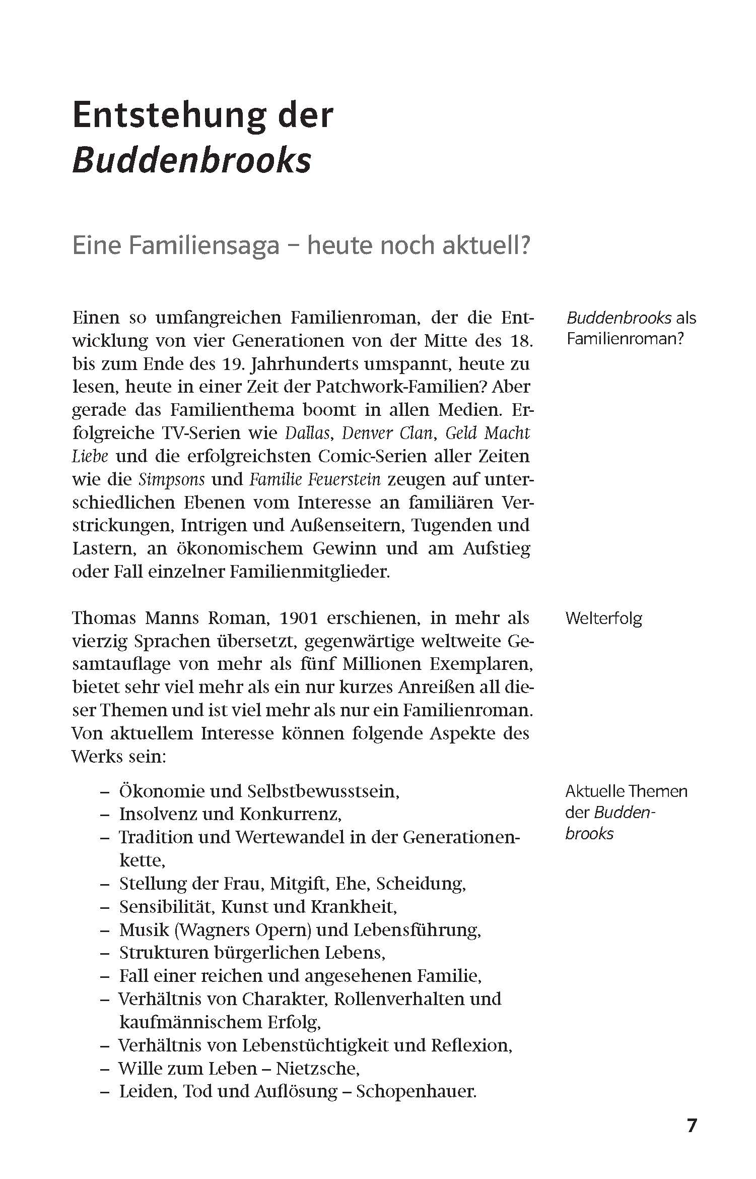 Eine deutsche Textseite erörtert die Relevanz von Familiensagas wie Thomas Manns Buddenbrooks in der heutigen Zeit und verweist auf Fernsehserien und aktuelle Familienstrukturen.