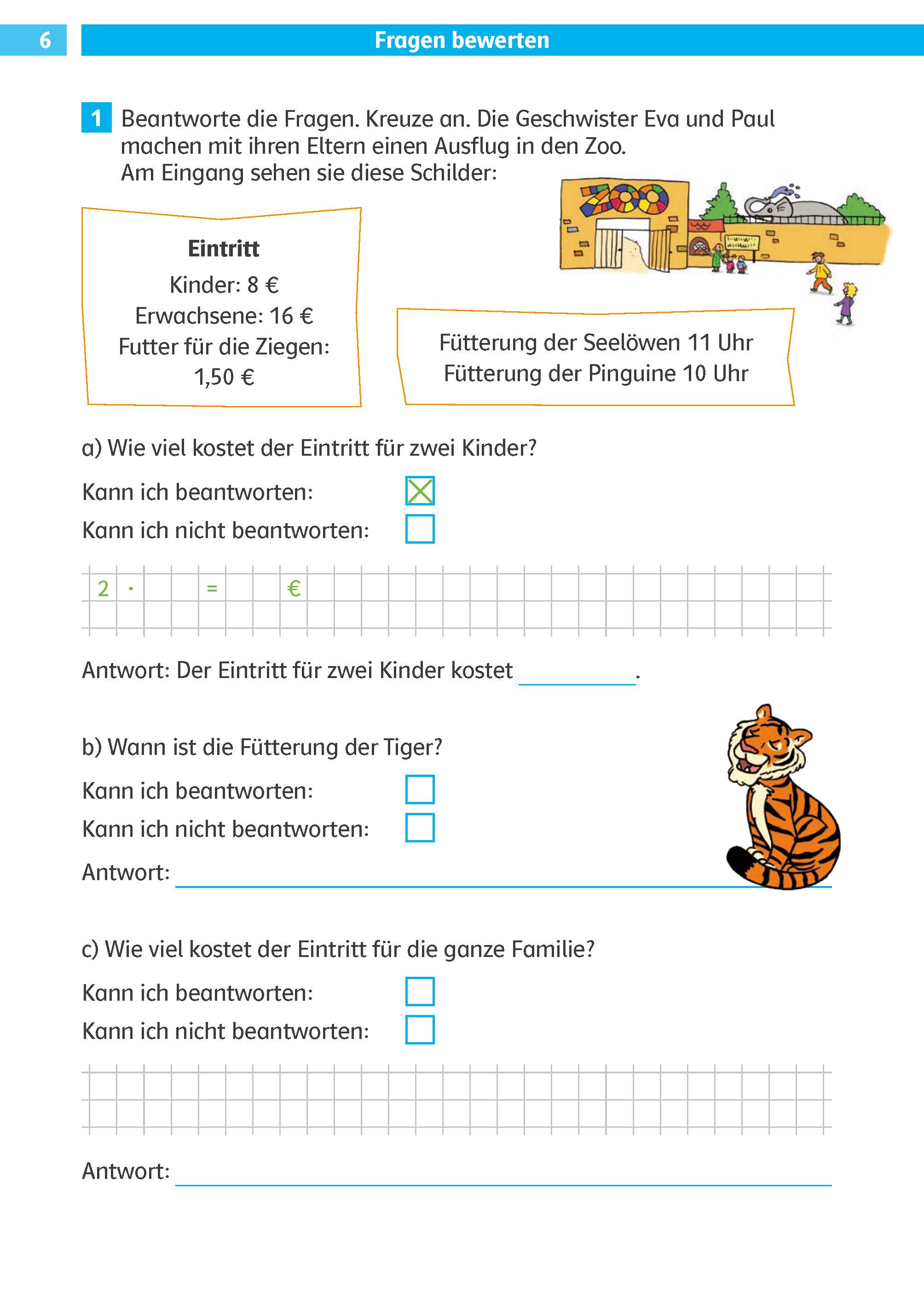 Klett Die Mathe-Helden: Textaufgaben/Sachaufgaben 3. Klasse Ein deutschsprachiges Arbeitsblatt für Kinder mit Eintrittspreisen für den Zoo, Fütterungszeiten und Mathefragen zu den Eintrittspreisen. Mit Tierillustrationen und Antwortfeldern.