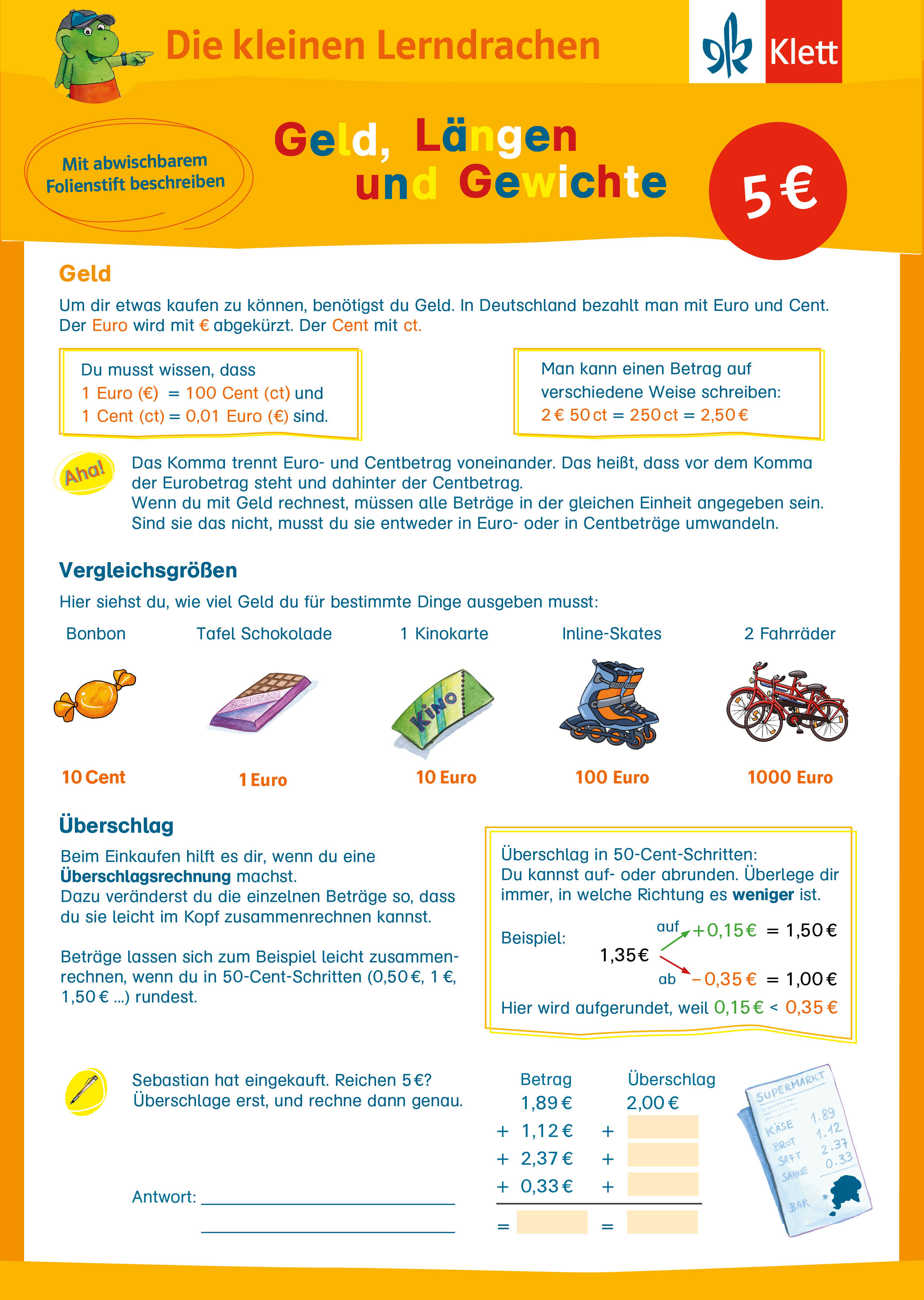 Ein farbenfrohes Poster in deutscher Sprache erklärt Geld, Längen und Gewichte und zeigt Münzen, Scheine, einen Roller und ein Fahrrad als Beispiele für das Verständnis von Euro und Cent.