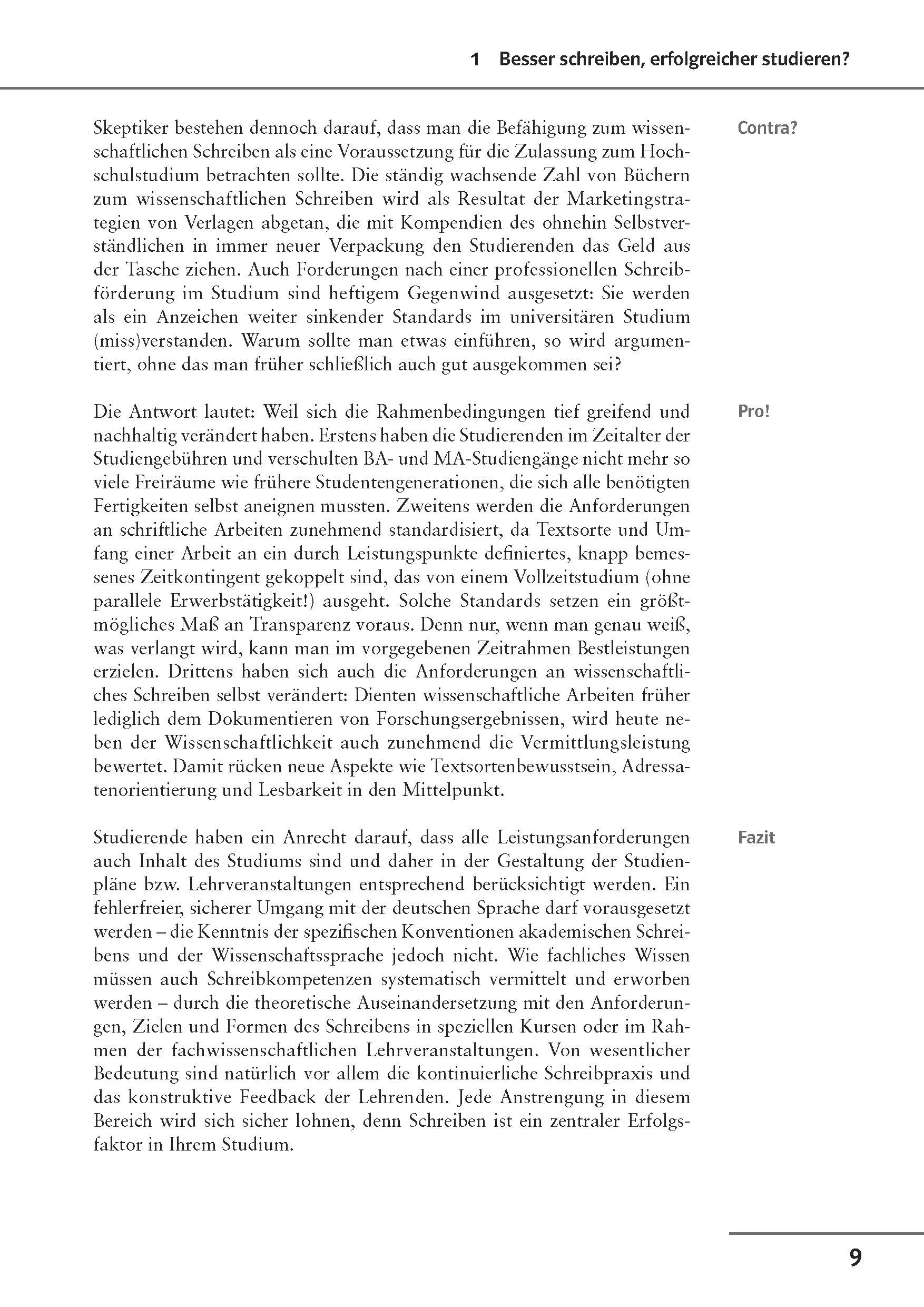 Uni Wissen Schreibkompetenzen: Erfolgreich wissenschaftlich schreiben Auf einer Schulbuchseite in deutscher Sprache wird in zwei Spalten gedruckter Text über die Vor- und Nachteile von besserem Schreiben und erfolgreicherem Lernen diskutiert. Die Seitenzahl 9 erscheint unten rechts.