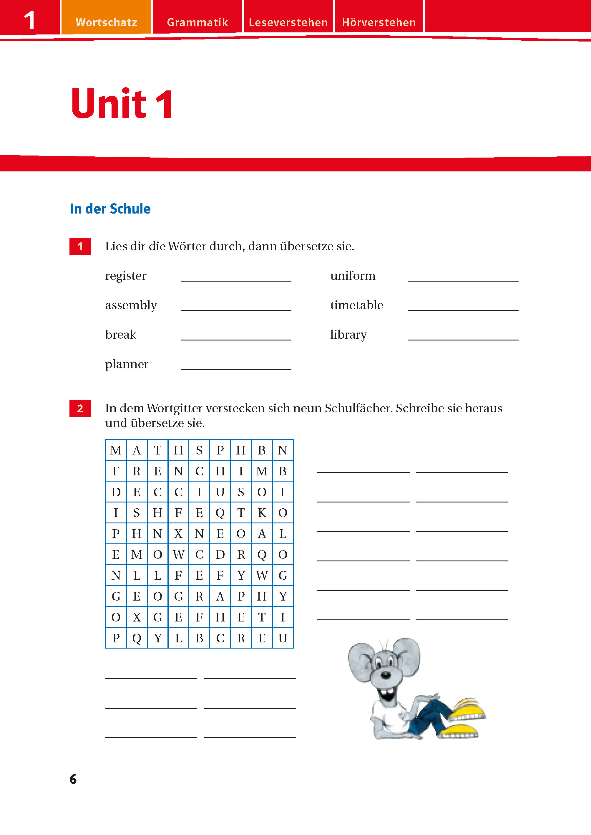 Ein deutsch-englisches Arbeitsblatt für die Schule zeigt Vokabelabgleiche, ein Wortsuchrätsel und eine Cartoon-Maus, die in der unteren rechten Ecke ein Buch liest.