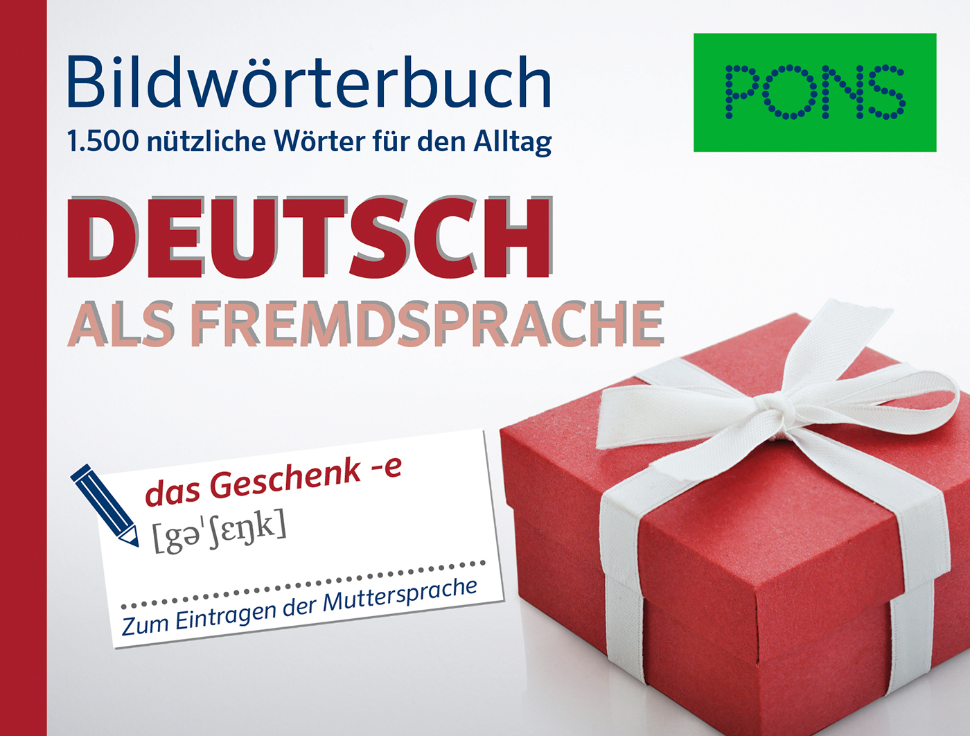 Umschlag eines Bildwörterbuchs mit dem Titel Deutsch als Fremdsprache mit einer Geschenkschachtel und der Definition des deutschen Wortes Geschenk.