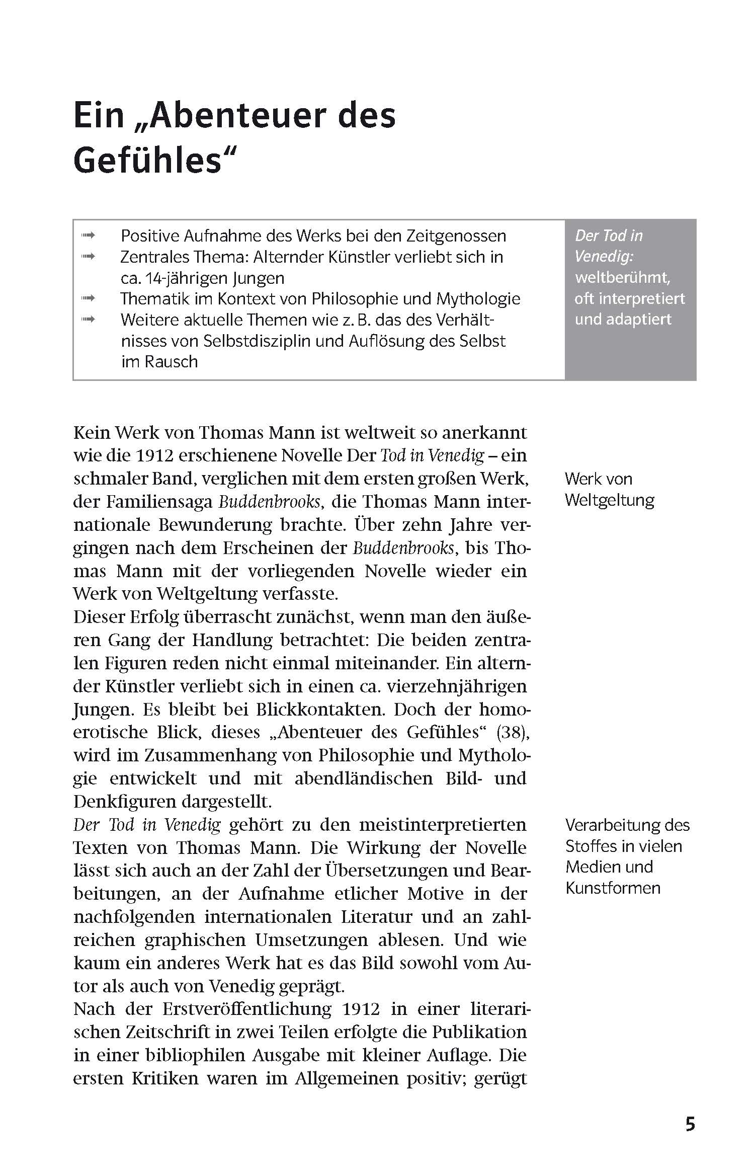 Eine deutschsprachige Lehrbuchseite bespricht Thomas Manns Novelle Der Tod in Venedig, mit aufgereihten Stichpunkten, einem hervorgehobenen Kasten und erklärenden Textabschnitten.