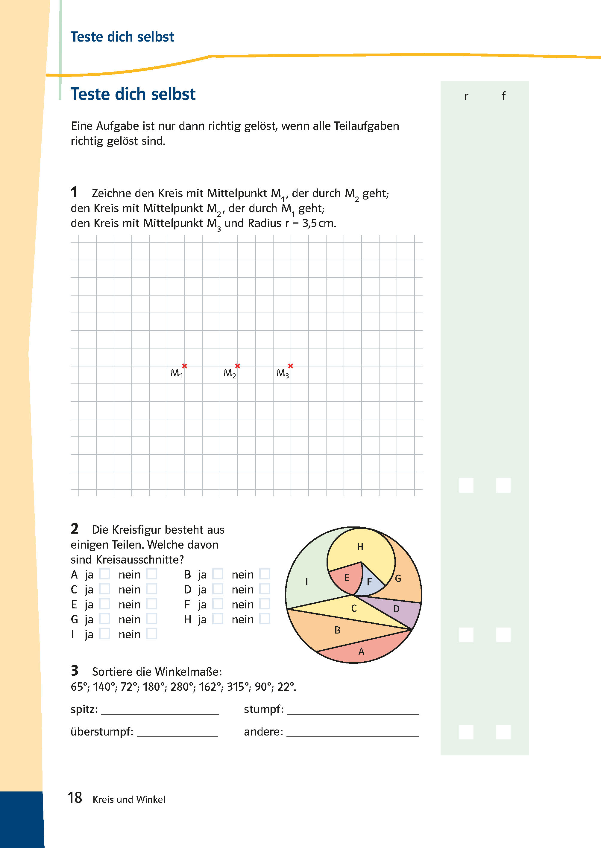 Ein deutsches Arbeitsblatt mit einem Raster, einer Aufgabe zum Zeichnen von Kreisen, einem Kreisdiagramm über Kreissegmente und Fragen zu Winkeln, auf Seite 18 eines Lehrbuchs.