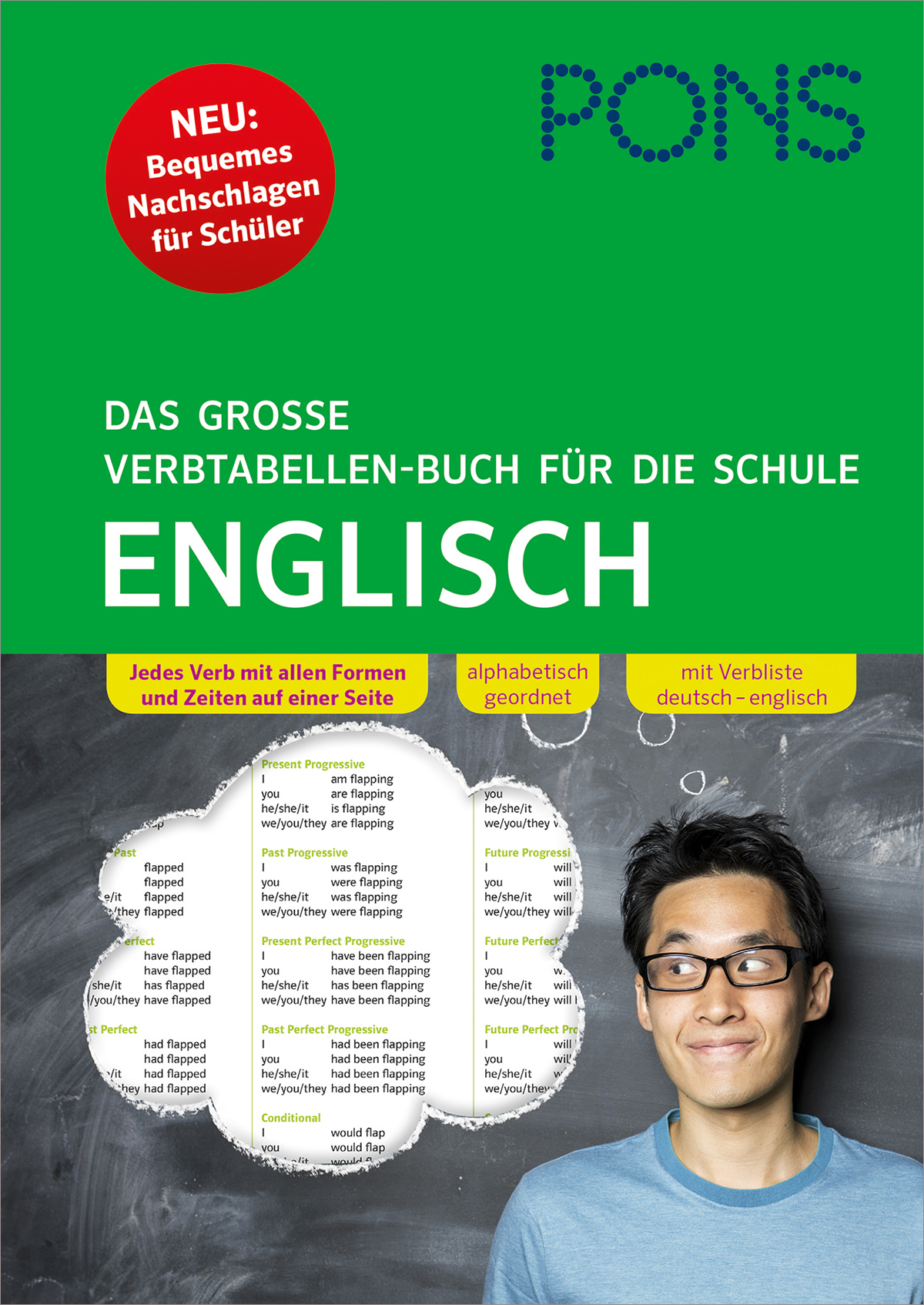 PONS Das große Verbtabellen-Buch für die Schule Englisch Buchumschlag von PONS Das große Verbtabellen-Buch für die Schule Englisch mit einem jungen Mann mit Brille und bunten Grafiken von Verben.
