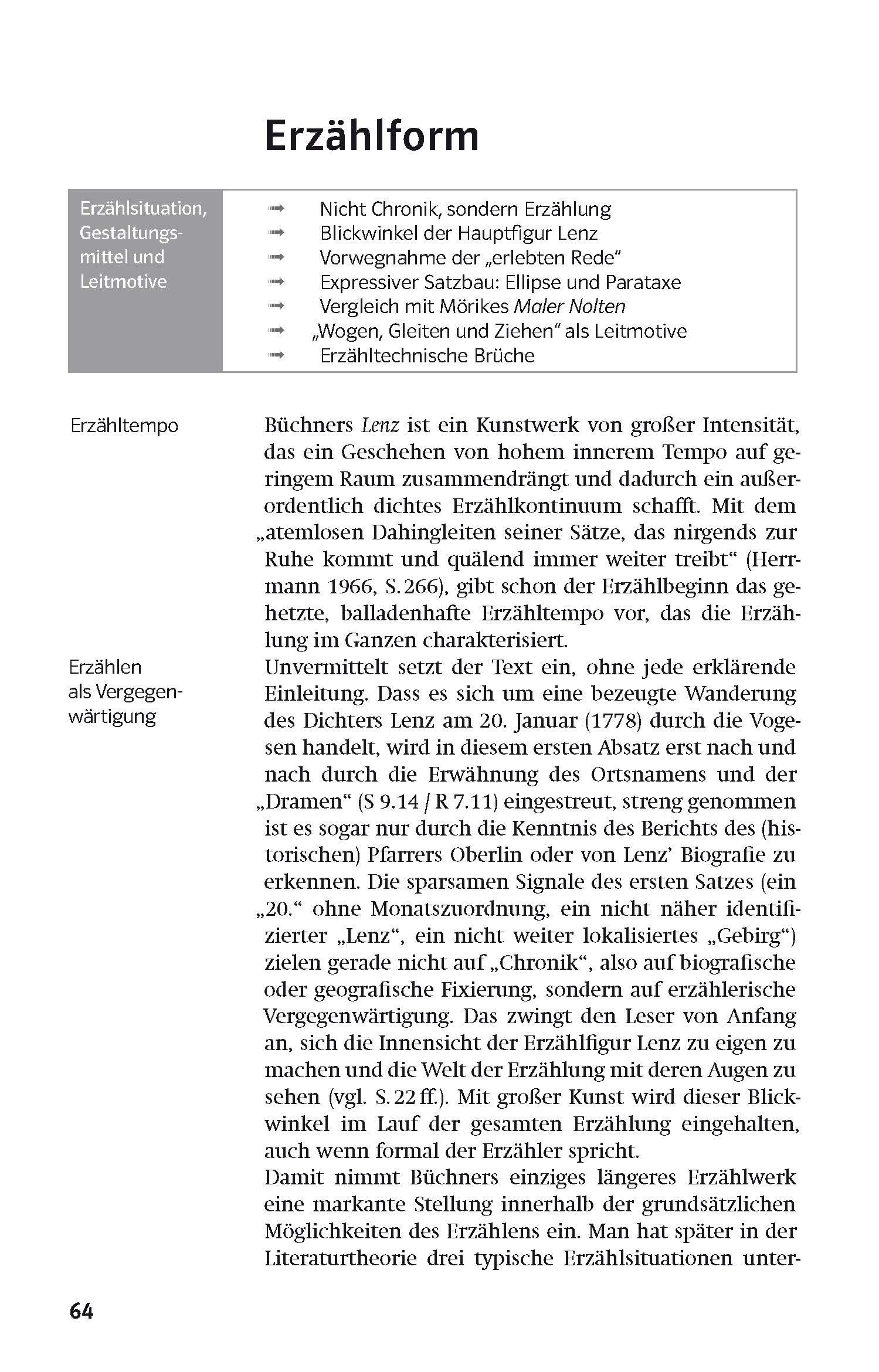 Eine Lehrbuchseite in deutscher Sprache erörtert Erzählform, Tempo und Verarbeitung von Erlebnissen, mit Überschriften, Aufzählungspunkten und einem Block gedruckten Textes in Schwarz auf weißem Hintergrund.