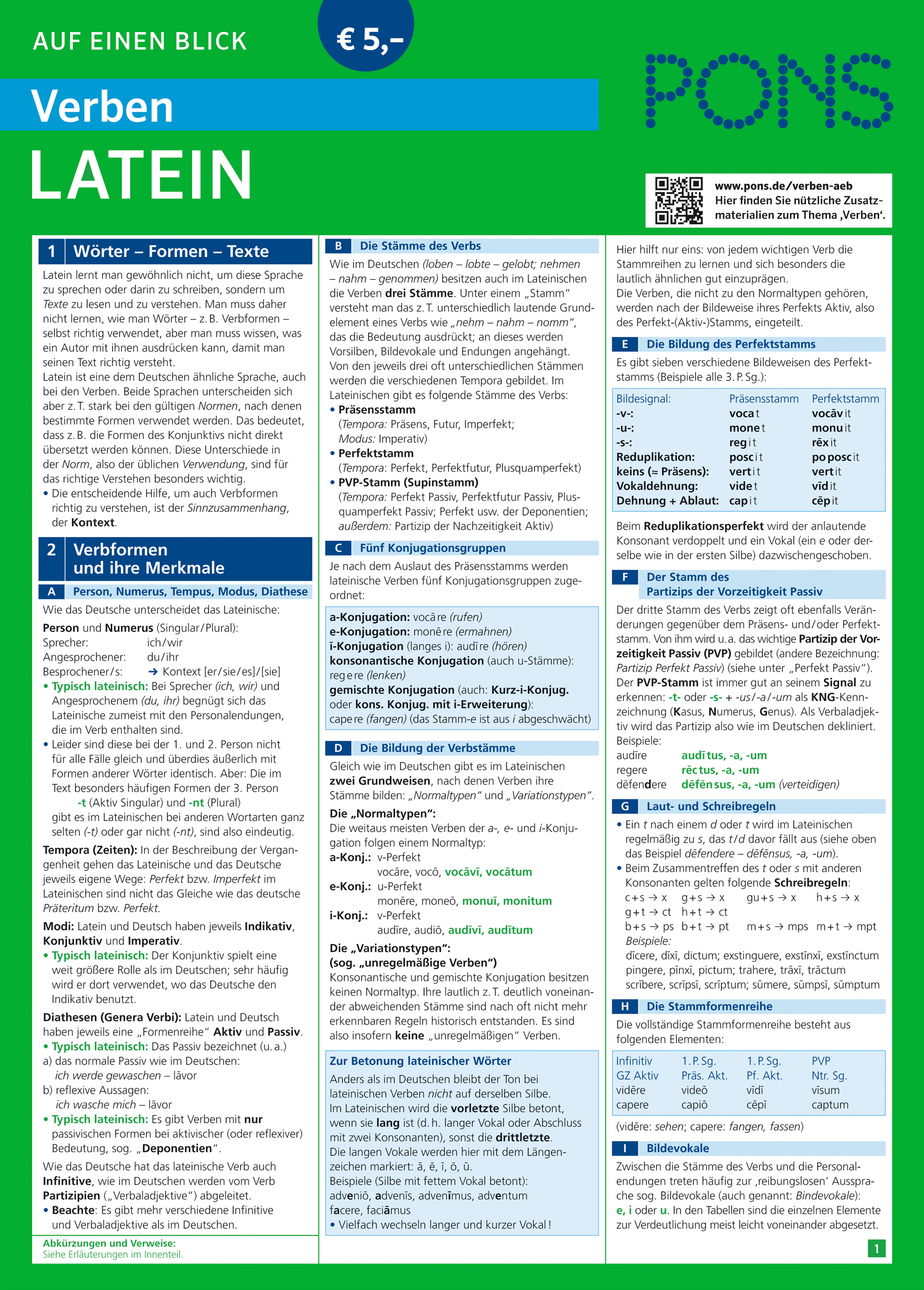 PONS Verben auf einen Blick Latein Übersichtstabelle für lateinische Verben auf Deutsch mit Konjugationen, Zeitformen, Stimmungen, Stimmen, Endungen und Beispielen, mit farbigen Abschnitten und strukturiertem Text zum schnellen Nachschlagen.