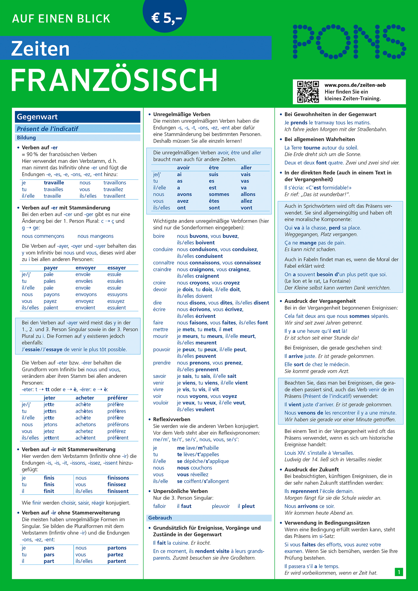 PONS Zeiten auf einen Blick Französisch Ein deutschsprachiges Nachschlagewerk mit dem Titel Zeiten Französisch, das die französischen Verbformen, Konjugationen und Grammatikregeln in einer strukturierten Tabelle zusammenfasst.