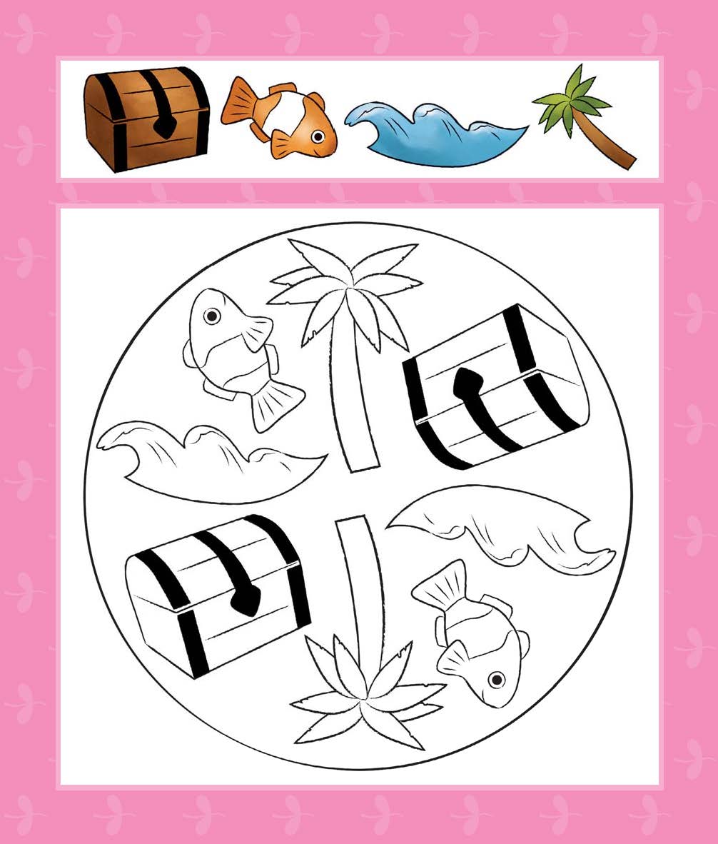 Eine Malvorlage mit einem Kreis, der die Umrisse von zwei Schatztruhen, zwei Fischen, zwei Wellen und zwei Palmen enthält, mit farbigen Versionen oben.