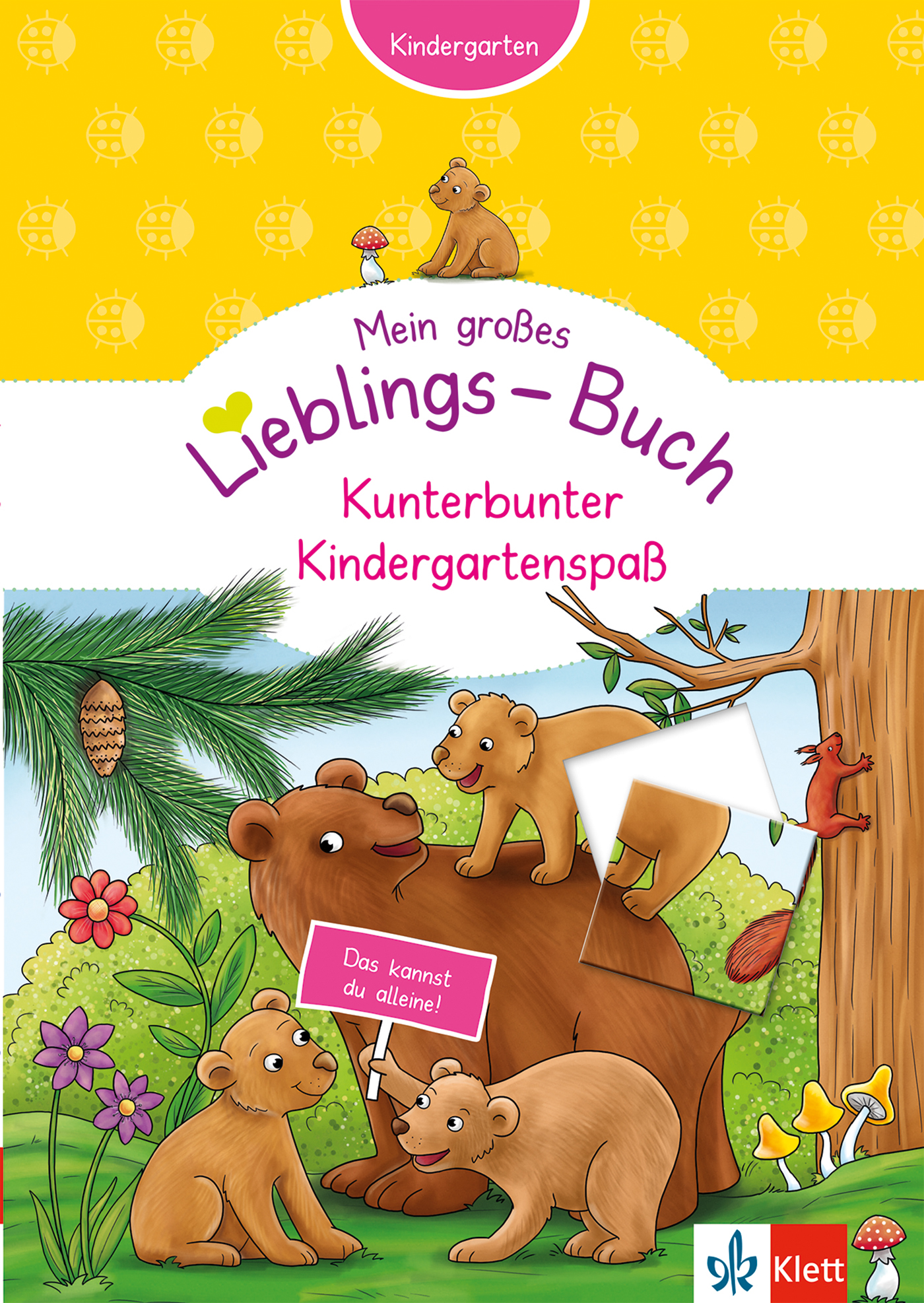 Bunt illustriertes Buchcover, das eine Bärenfamilie zeigt, die auf einer Wiese mit Bäumen und Blumen spielt. Der Titel ist auf Deutsch mit verspieltem Text und dem Klett-Logo unten rechts.