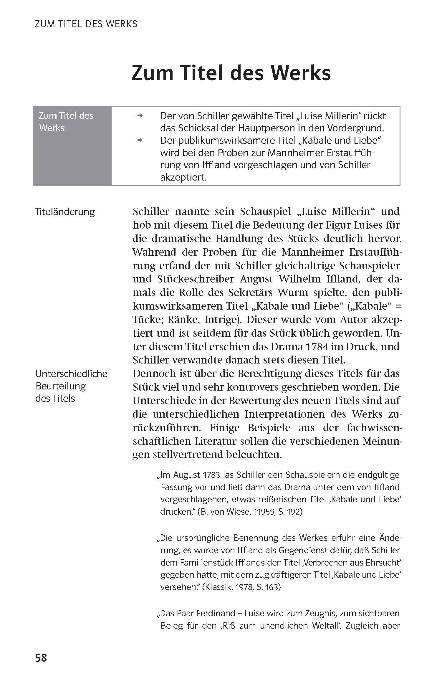 Klett Lektürehilfen Friedrich Schiller, Kabale und Liebe Eine Lehrbuchseite in deutscher Sprache behandelt den Titel eines Werkes von Schiller, einschließlich eines hervorgehobenen Kastens, Überschriften und einem ausführlichen Text, der die Bedeutung des Titels analysiert.