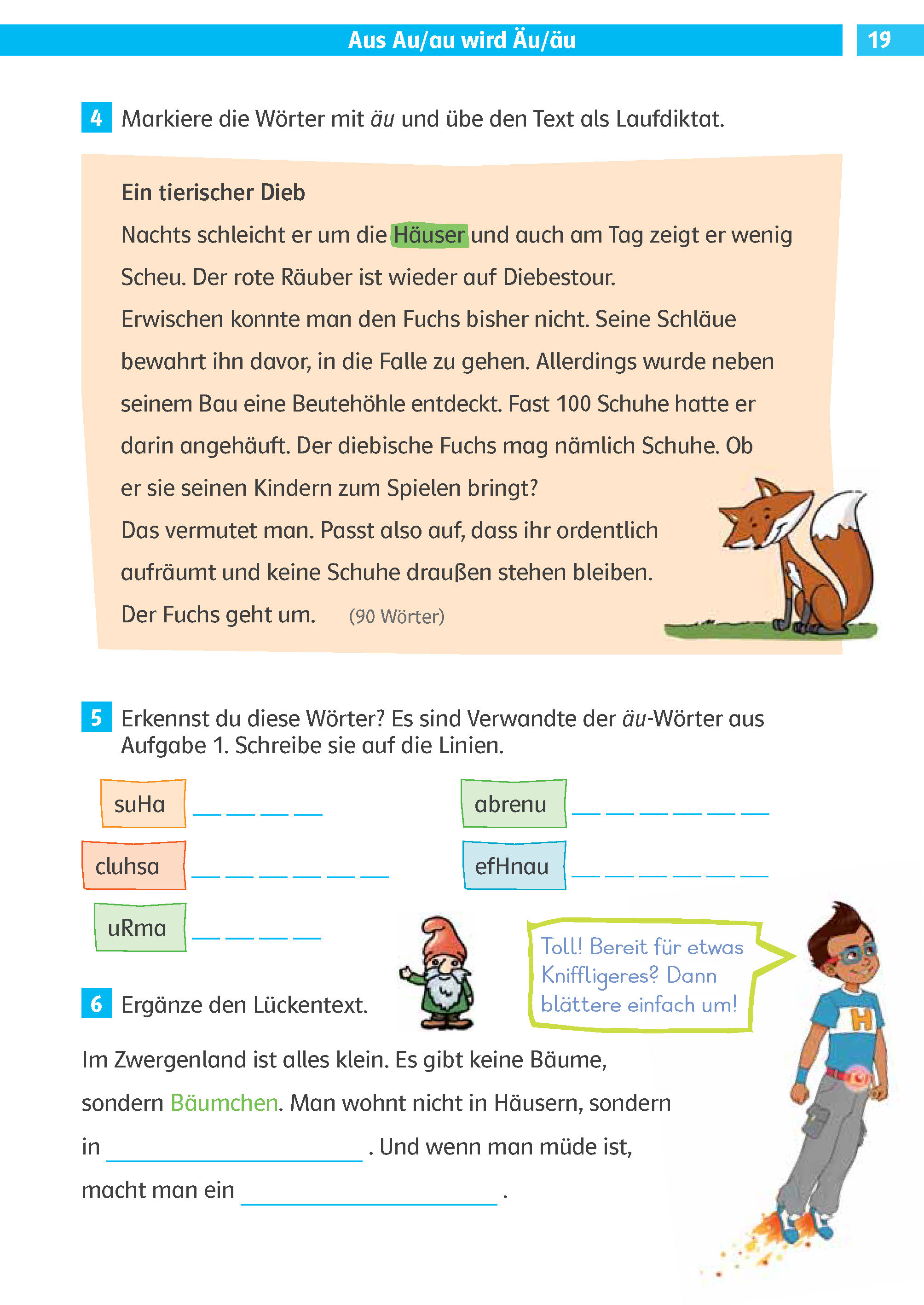 Klett Die Deutsch-Helden: Diktate 3./4. Klasse Eine deutschsprachige Arbeitsbuchseite mit Übungen zum Au-Laut, einschließlich einer kurzen Geschichte über einen Fuchs, Aufgaben zum Ausfüllen und Zuordnen sowie Cartoon-Tierillustrationen.