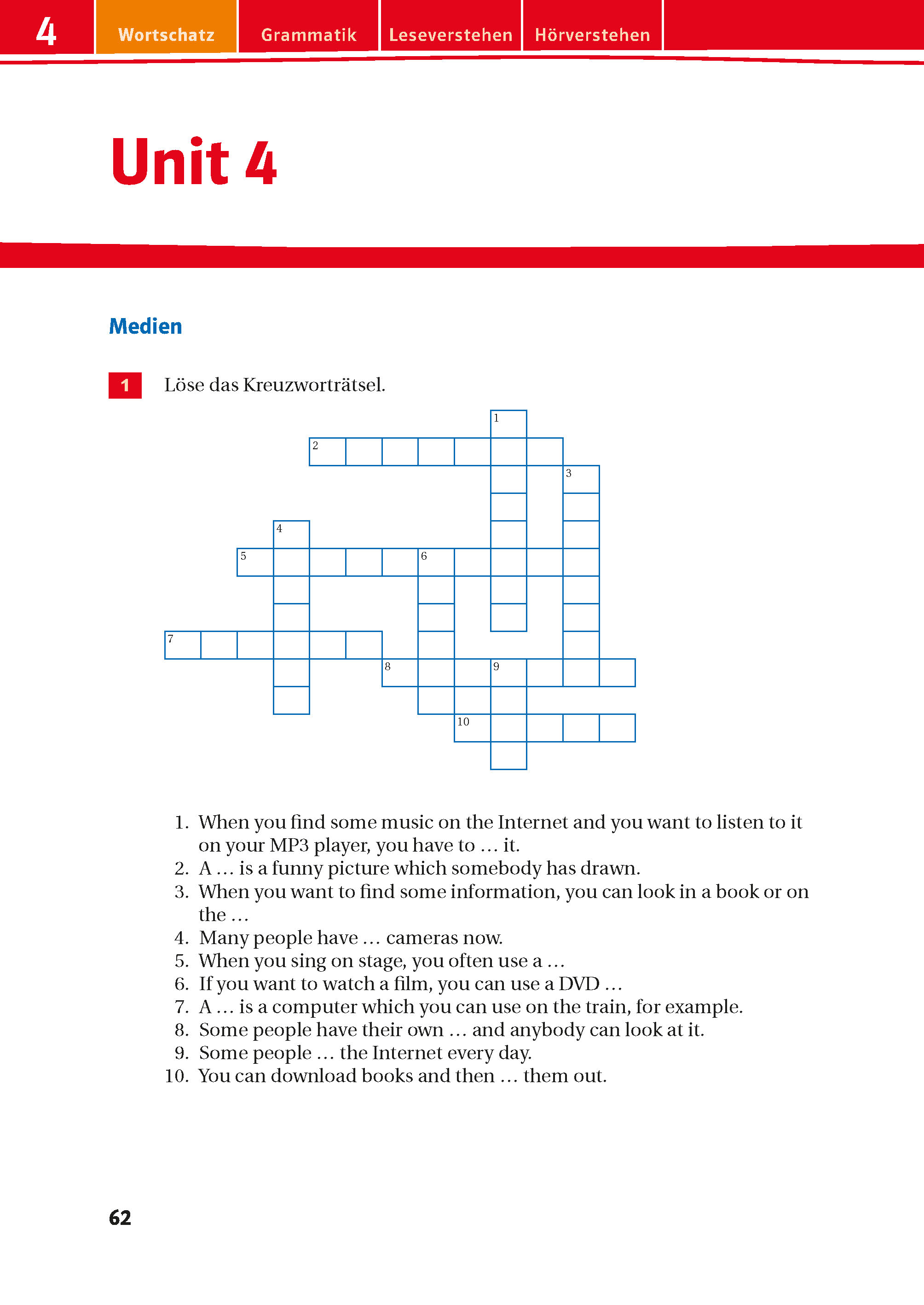 Eine Deutschlehrbuchseite mit einem Kreuzworträtsel und zehn Hinweisen zum Medienwortschatz; Kategorien wie Wortschatz und Grammatik erscheinen oben.
