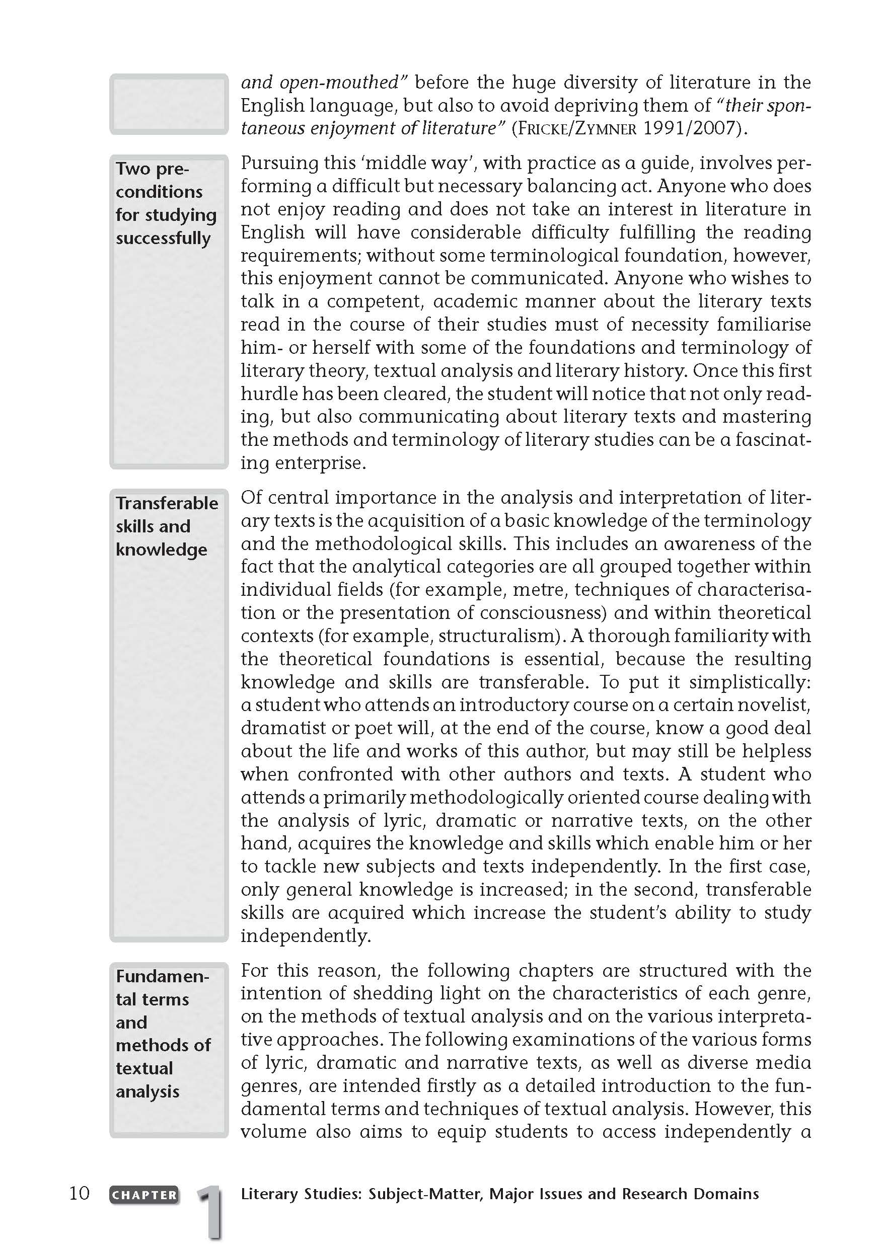 Uni Wissen An Introduction to the Study of English and American Literature Lehrbuchseite mit kastenförmigen Abschnitten, die zwei Voraussetzungen für ein erfolgreiches Studium, übertragbare Fähigkeiten und Kenntnisse sowie grundlegende bereichsspezifische Kenntnisse und Fähigkeiten hervorheben.