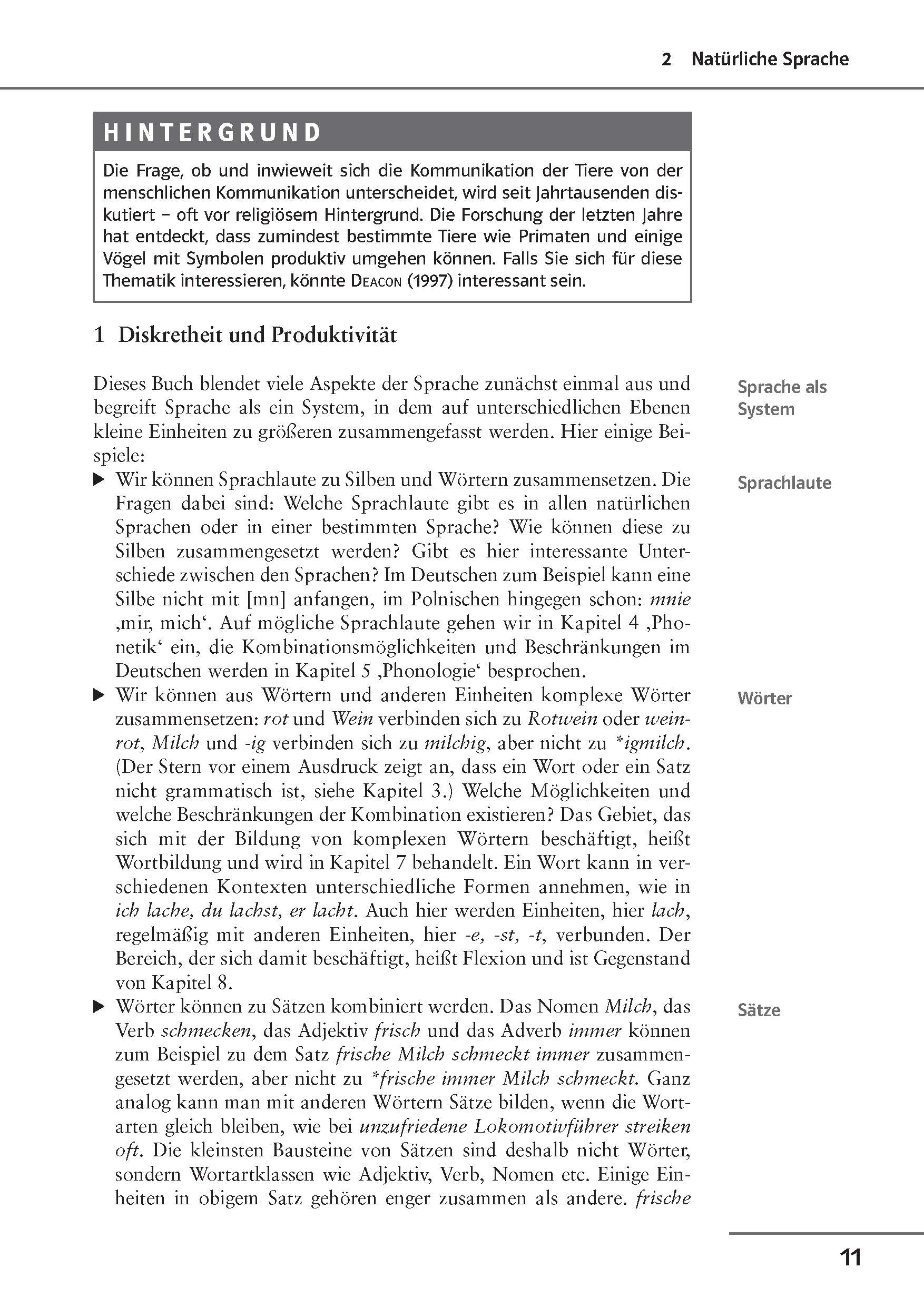 Uni Wissen Grundkurs Sprachwissenschaft Eine deutsche Lehrbuchseite erörtert den Hintergrund und Aspekte der natürlichen Sprache mit Überschriften, Absätzen und einer Seitenleiste, in der die wichtigsten Spracheigenschaften aufgeführt sind.