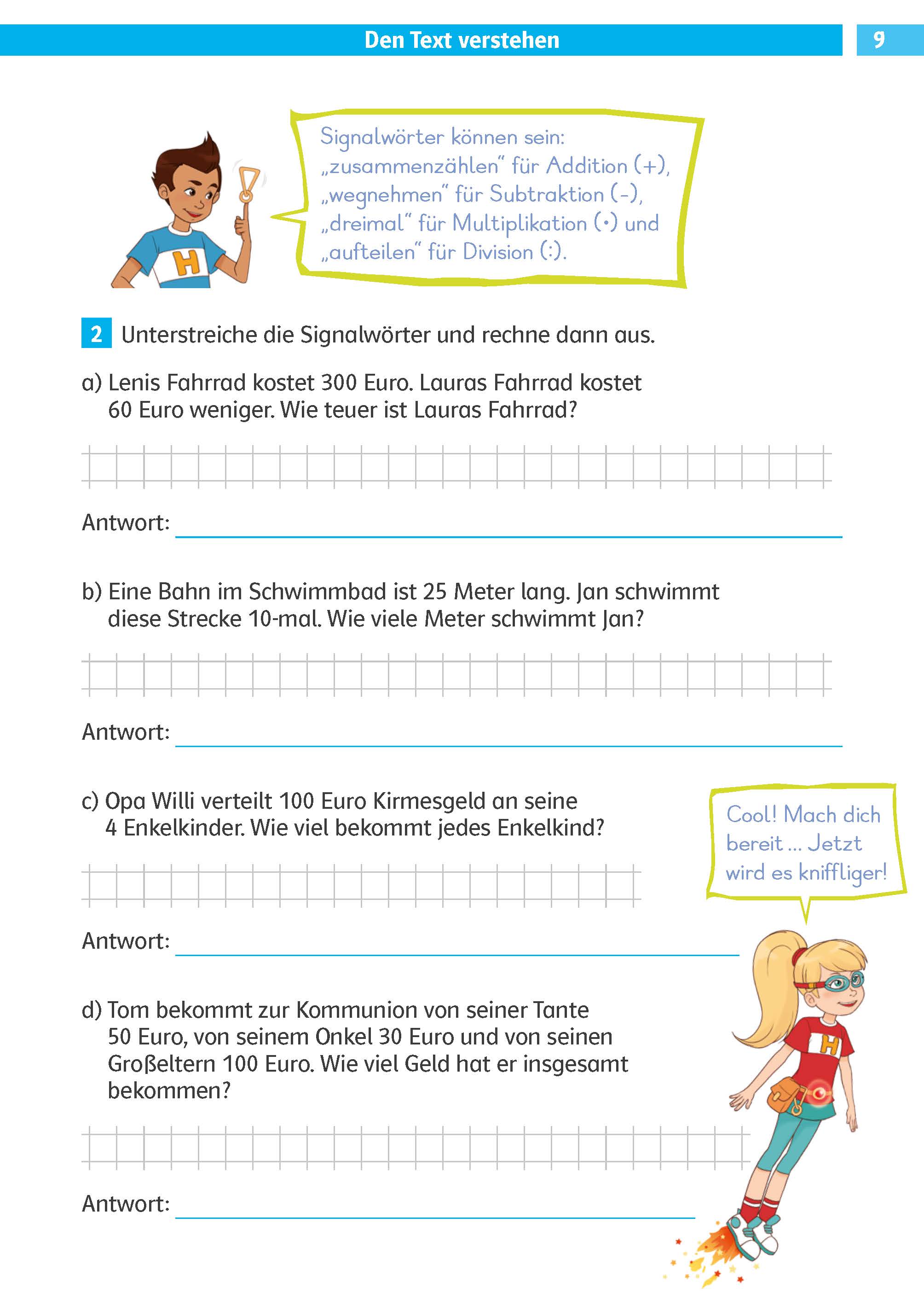Klett Die Mathe-Helden: Textaufgaben/Sachaufgaben 3. Klasse Ein deutsches Arbeitsblatt mit vier Mathe-Wortaufgaben, leeren Antwortfeldern und Cartoon-Illustrationen eines Mädchens mit Brille und eines springenden Mädchens mit einer Sprechblase.