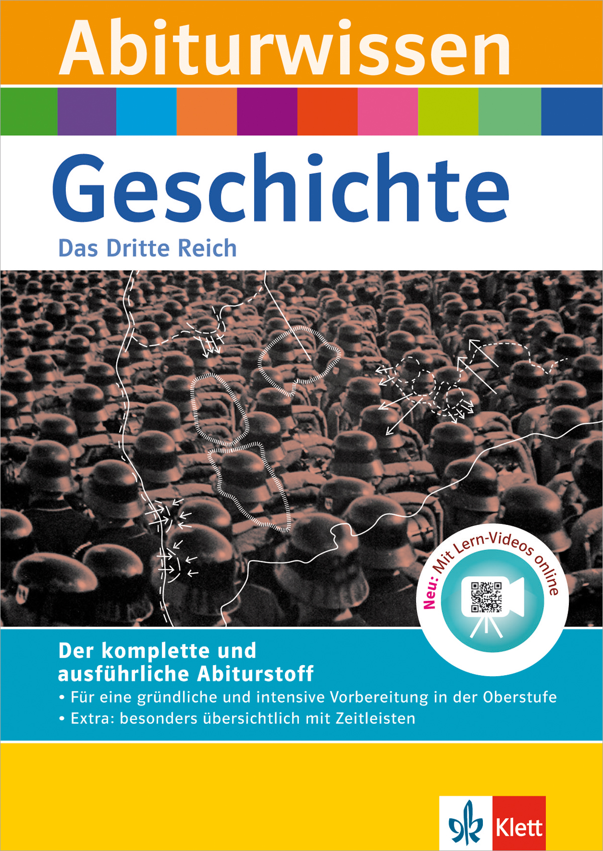 Umschlag eines deutschen Studienführers mit dem Titel Abiturwissen Geschichte: Das Dritte Reich, mit einem Schwarz-Weiß-Foto einer Menschenmenge mit erhobenen Armen und einem Informationstext.