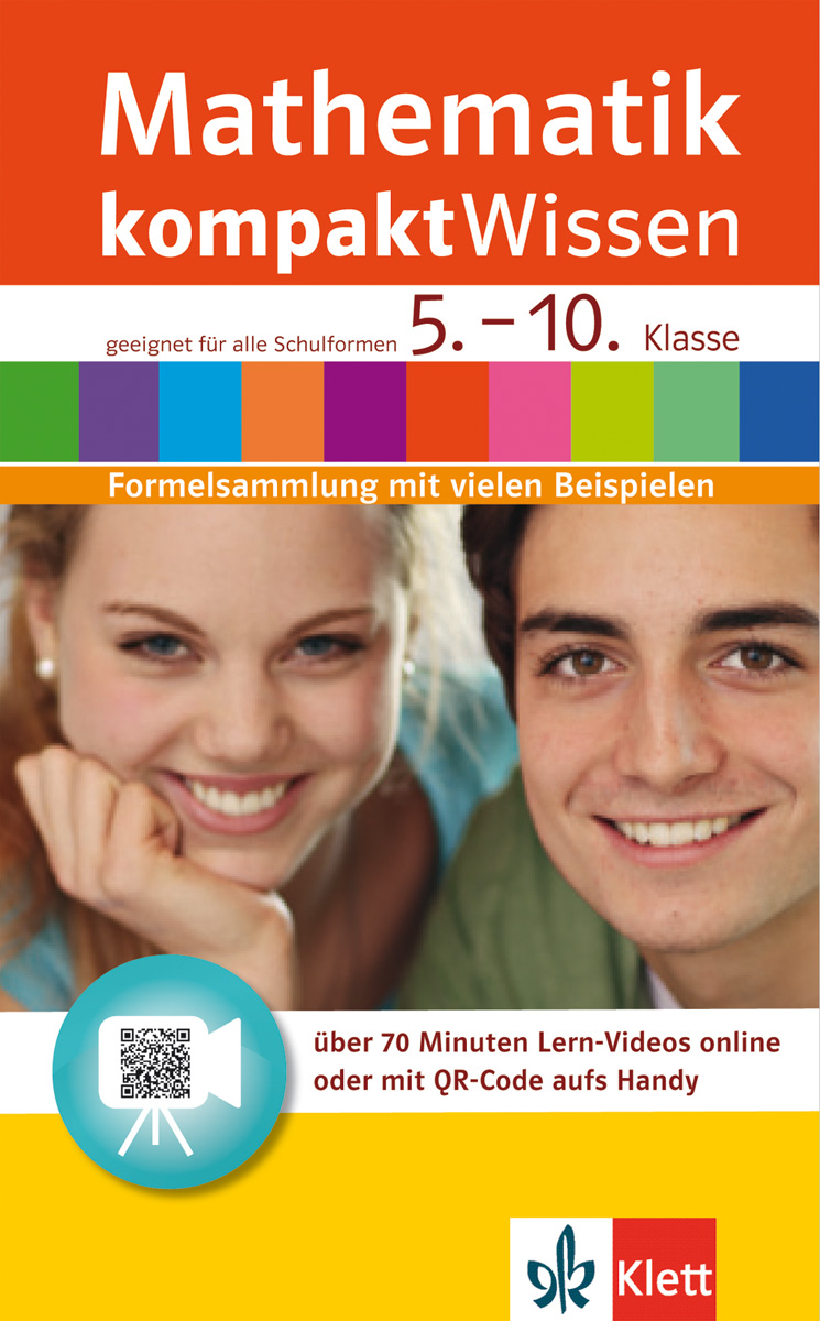 Cover eines deutschen Mathe-Lernbuchs für die Klassen 5-10 mit zwei lächelnden Schülern, farbigem Text und einem QR-Code für Online-Videos.