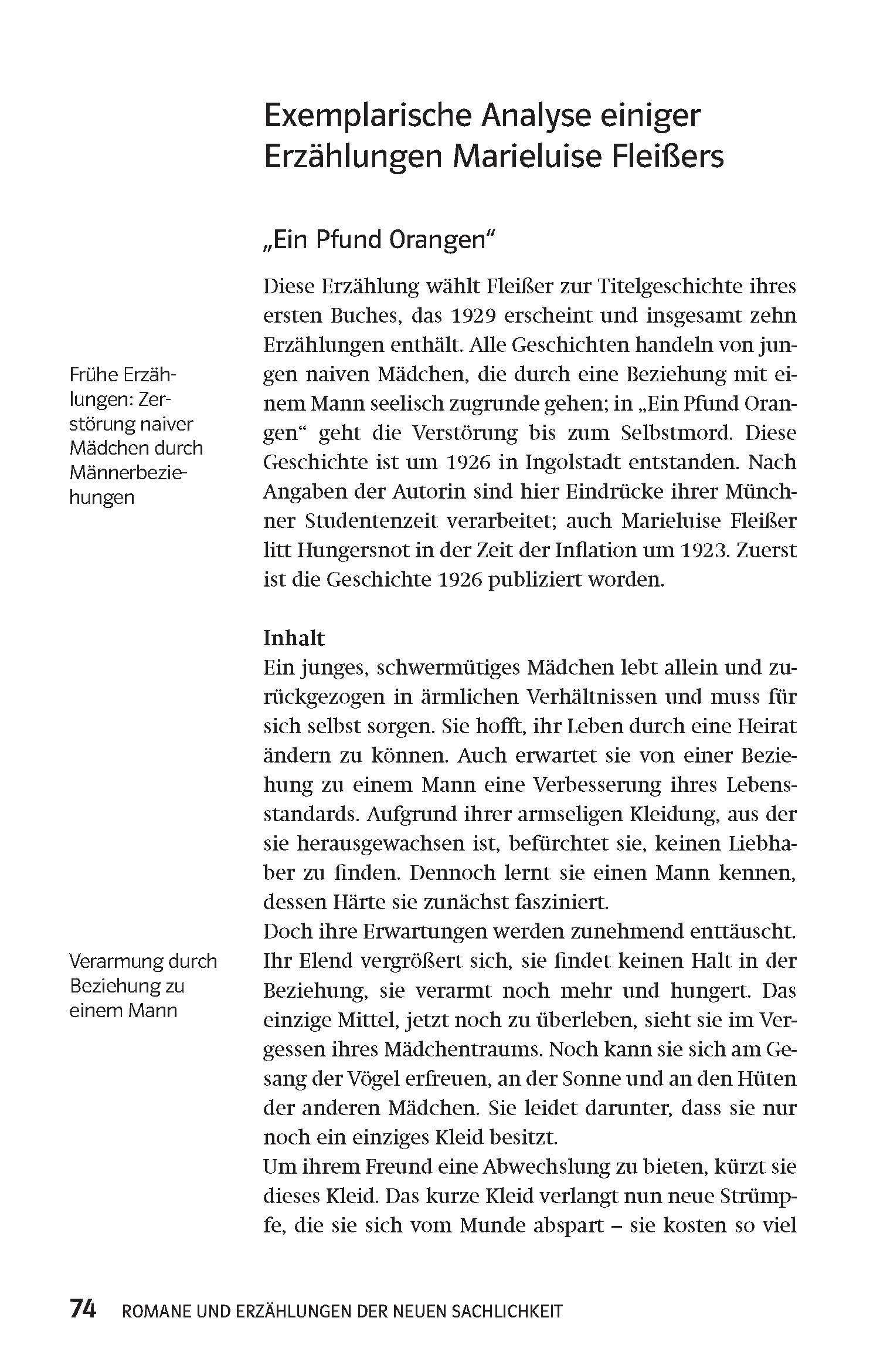 Klett Lektürehilfen Neue Sachlichkeit Eine deutsche Schulbuchseite mit der Überschrift Exemplarische Analyse einiger Erzählungen Marieluise Fleißers und einem Text zur Analyse der Geschichte Ein Pfund Orangen mit hervorgehobenen Randbemerkungen.
