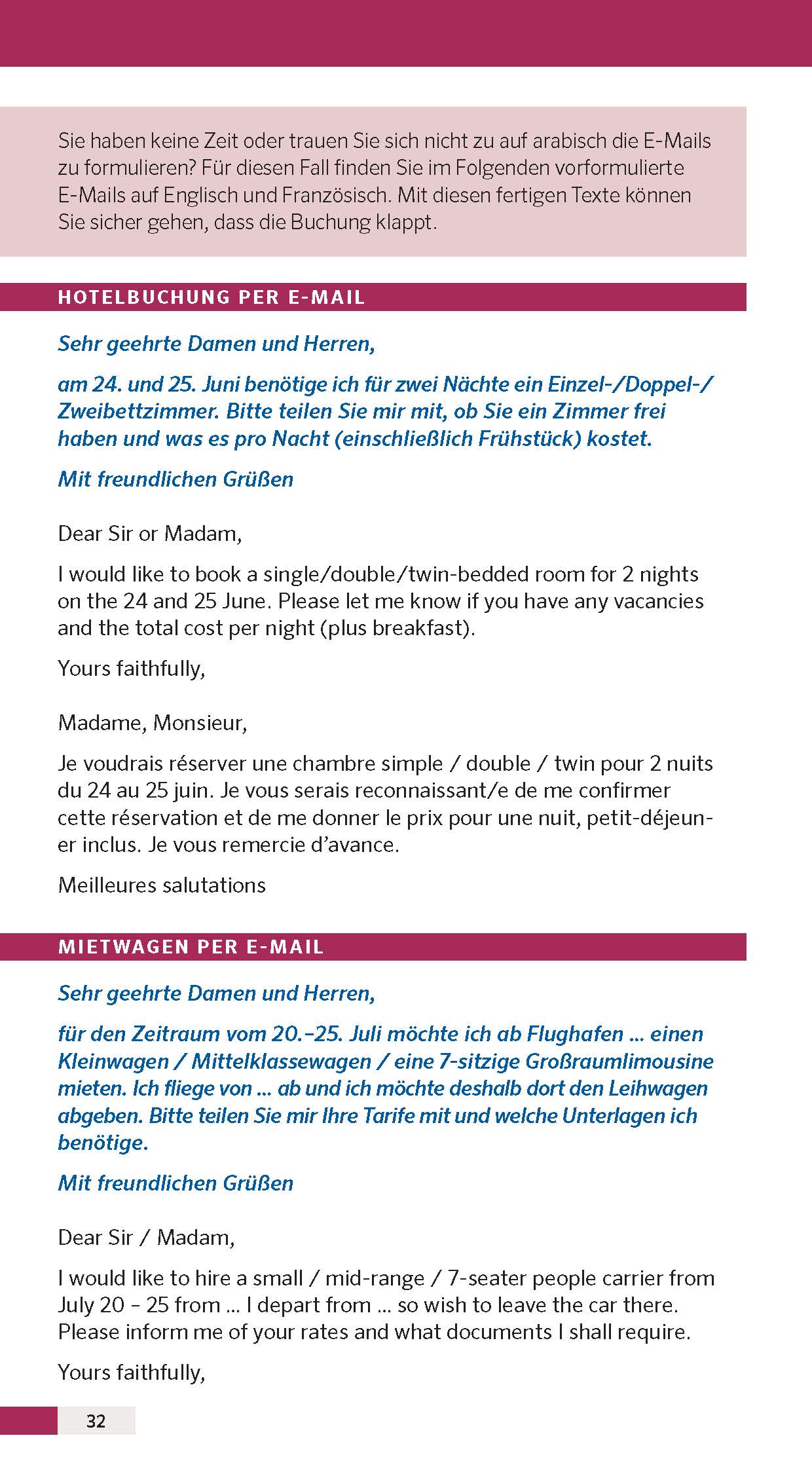 Ein zweisprachiger deutsch-englischer Text enthält eine Beispiel-E-Mail für die Buchung eines Hotelzimmers, einschließlich Datum, Zimmertyp und Anfrage nach Verfügbarkeit und Preis, vor einem weiß-roten Hintergrund.