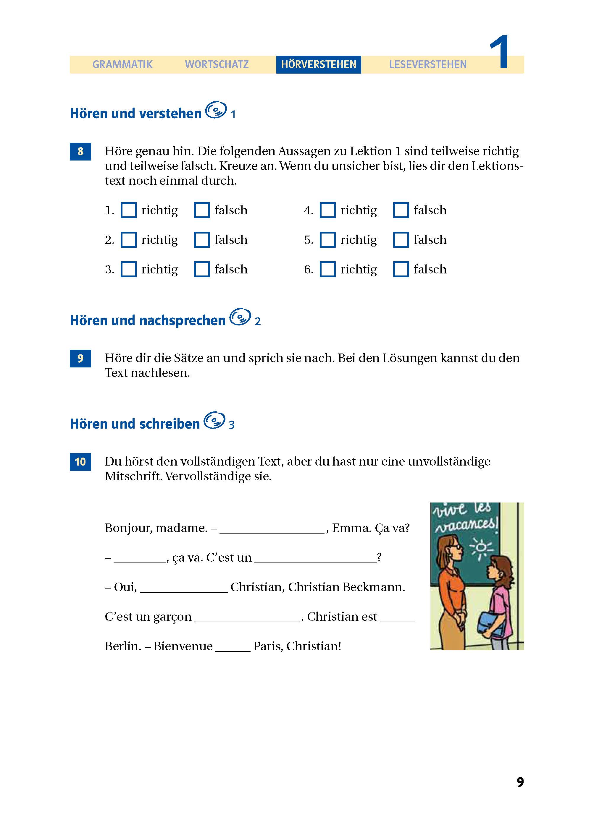 Ein Arbeitsbuch für die deutsche Sprache mit Hör- und Sprechübungen, Multiple-Choice-Fragen, Dialogen zum Ausfüllen und Vokabelabschnitten.