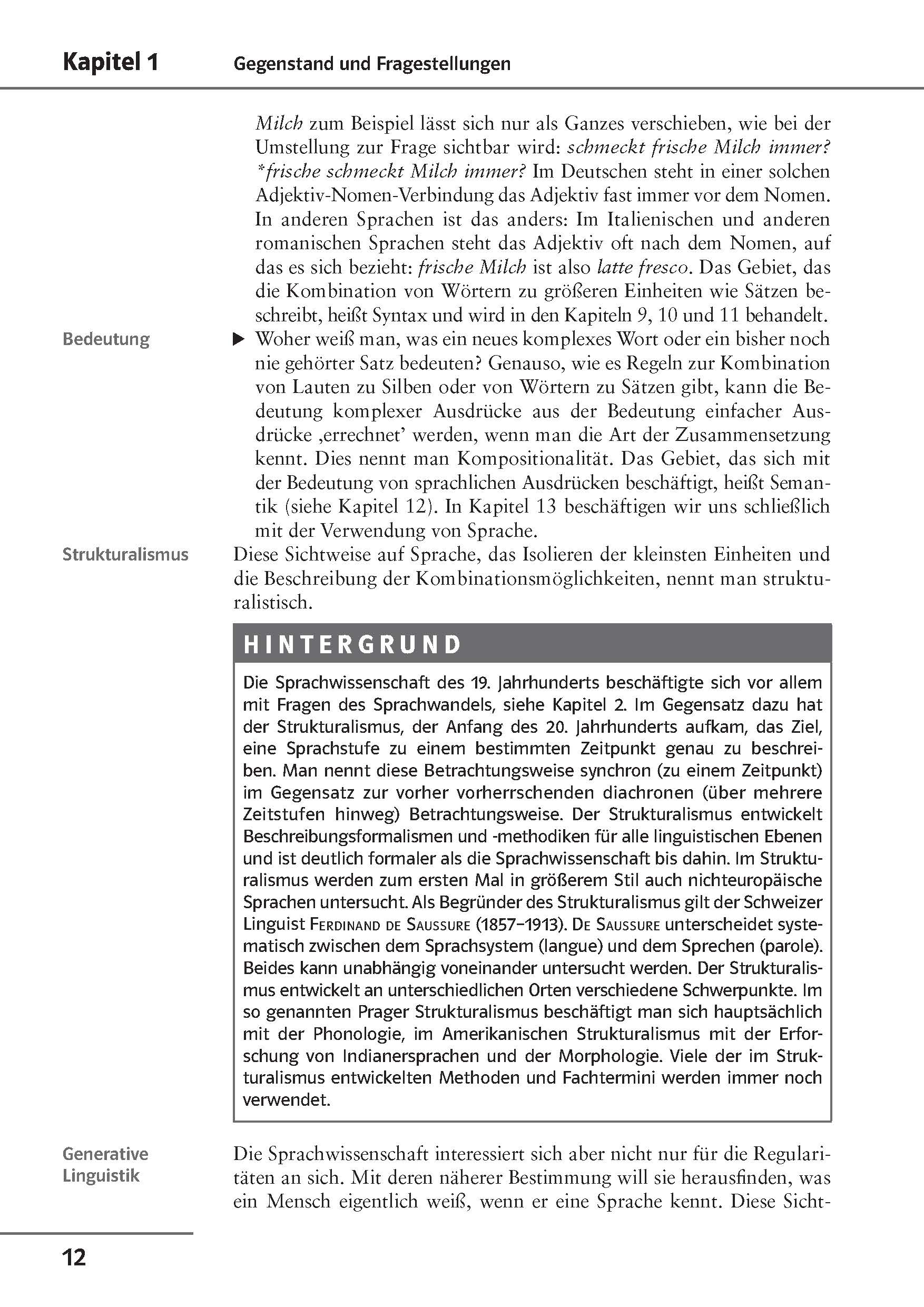 Uni Wissen Grundkurs Sprachwissenschaft Eine deutschsprachige Lehrbuchseite über Adjektiv-Nomen-Kombinationen, Strukturalismus und die Bedeutung von frische Milch, mit hervorgehobenem Text und Abschnittsüberschriften.