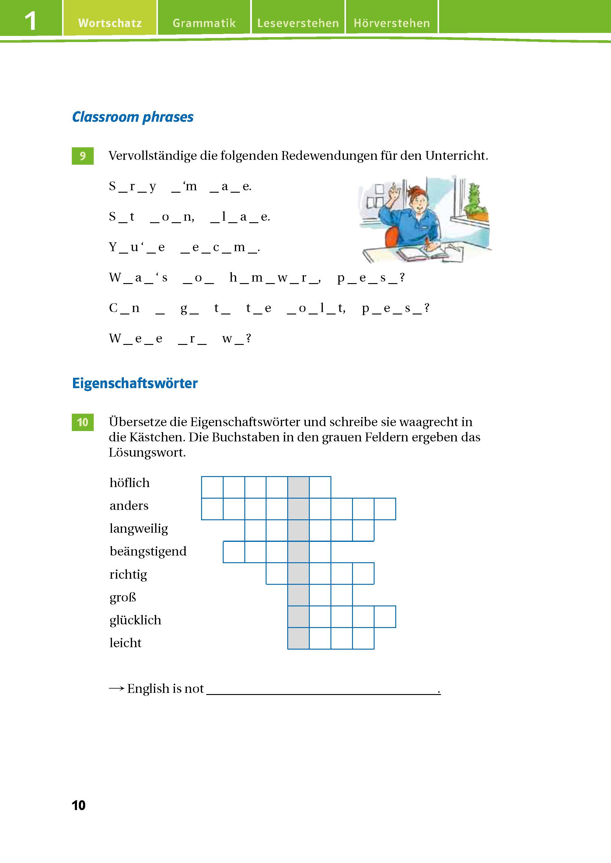 Green Line 1 - Das Trainingsbuch Eine Seite mit Übungen zum Ausfüllen von Klassenphrasen und ein Kreuzworträtsel zur Übersetzung von Adjektiven vom Deutschen ins Englische.