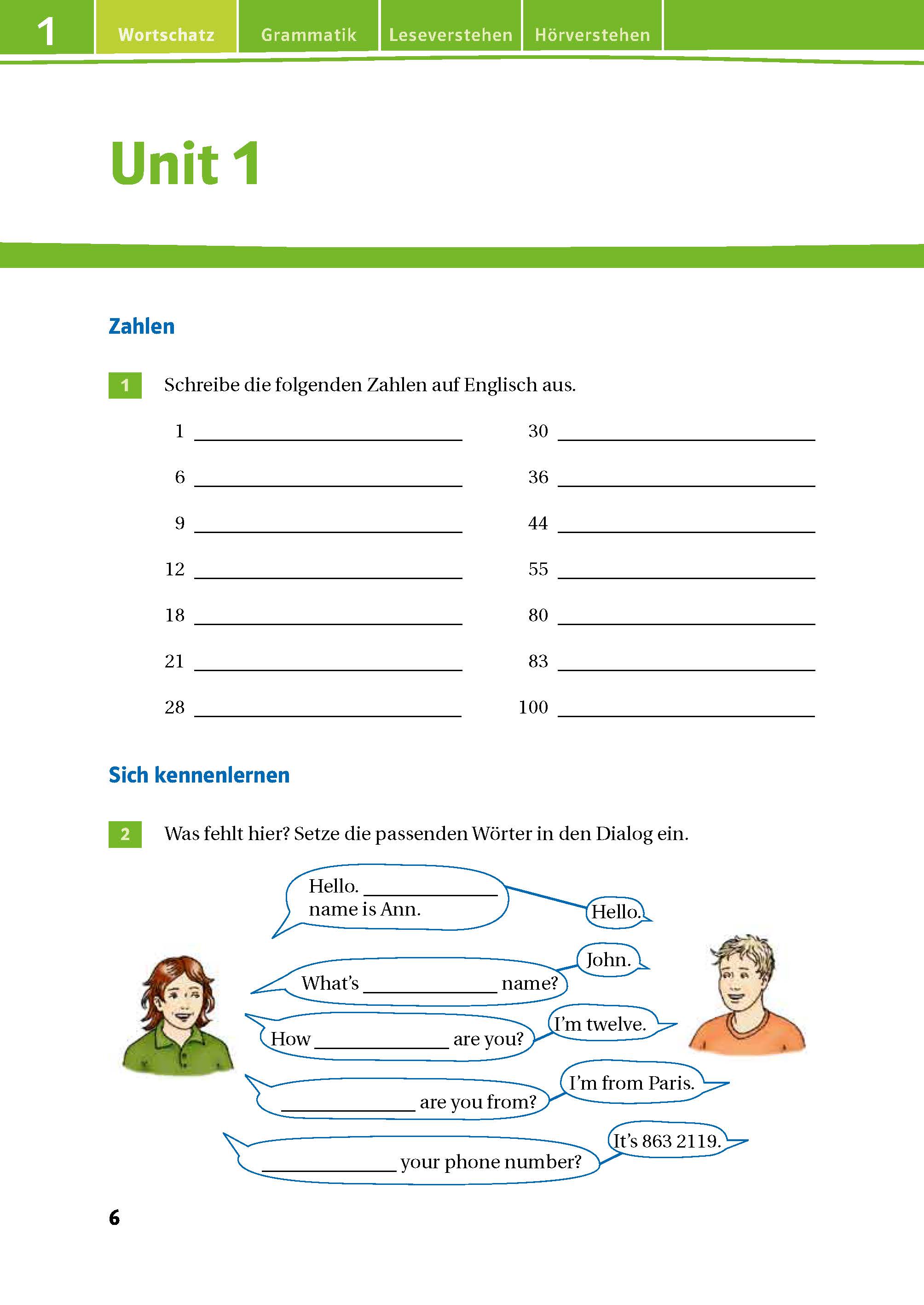 Green Line 1 - Das Trainingsbuch Eine Seite aus dem Lehrbuch der deutschen Sprache mit Übungen zum Schreiben von Zahlen auf Englisch und zum Ergänzen von fehlenden Wörtern in einem Dialog für Einführungen. Zwei Zeichentrickfiguren werden im Gespräch gezeigt.